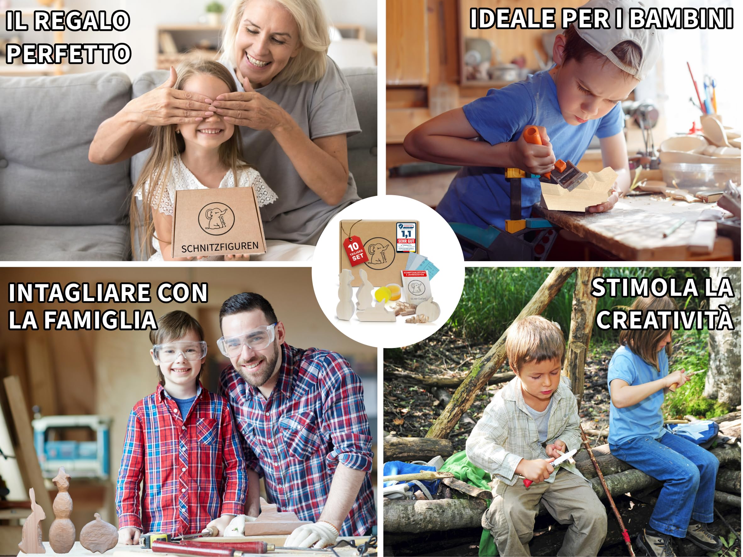 Eli® Legno di Tiglio - Figure da Intaglio per Bambini - Kit Creativo - Blocchi da Intaglio per Principianti