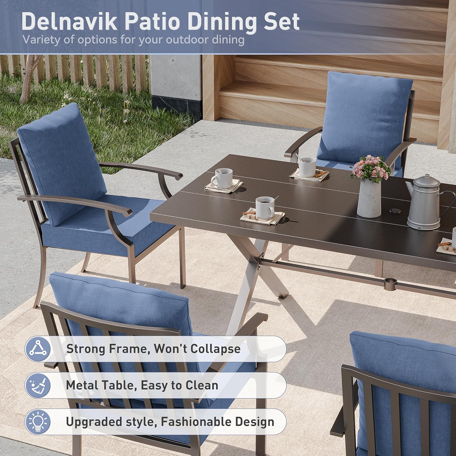 Kurapika 16 Piece Patio Dining Set Outdoor Furniture, Metal Patio Furniture Set 14 Fixed Chairs and 2 Large Tables with Umbrella Cutout for Deck Garden Yard Porch, Navy Blue