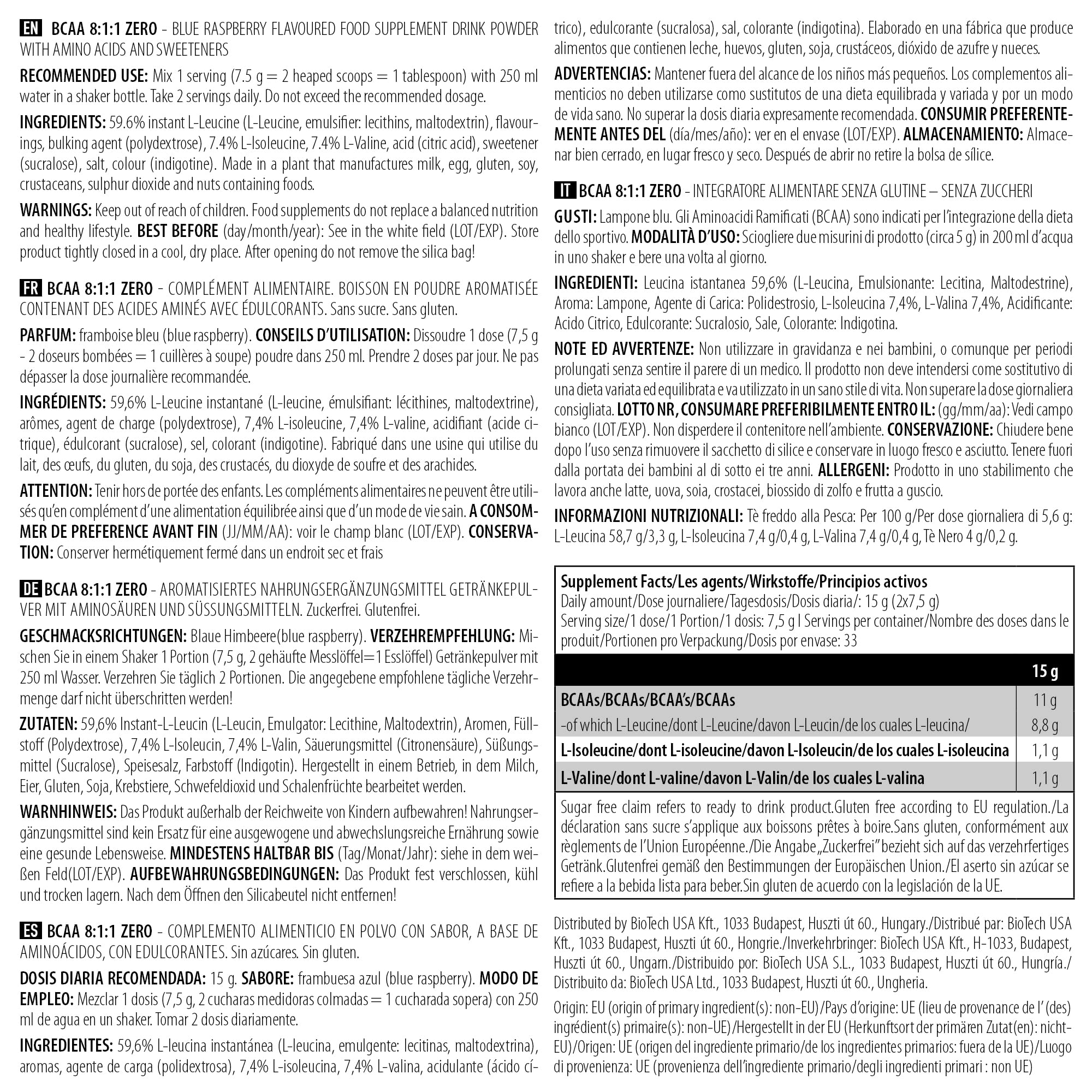 BioTechUSA BCAA 8:1:1 Zero | Rapporto 8:1:1 di leucina, isoleucina e valina | Senza zucchero, senza glutine, 250 g, Lampone Blu