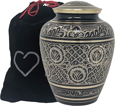 Radiant Elite Metal Adult Cremation Urn - Hand Engraved Accents - Momentful Life - Elegant Black and Gold Urn