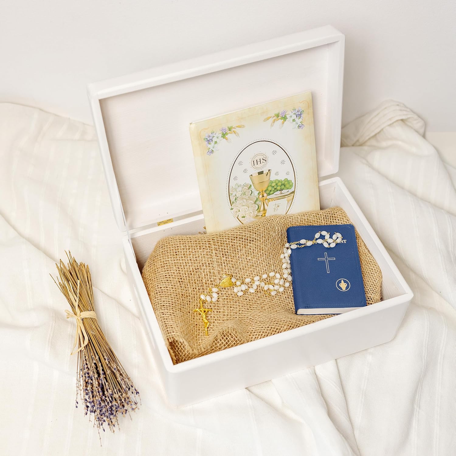 Personalized White Wooden Storage Box Communion | 11.8x7.87x5.51in (+-0.5) | Minimalistic | Hinged Lid Handle Engraving | Unpainted Gift Box | UNSANDED Keepsake Souvenir Chest