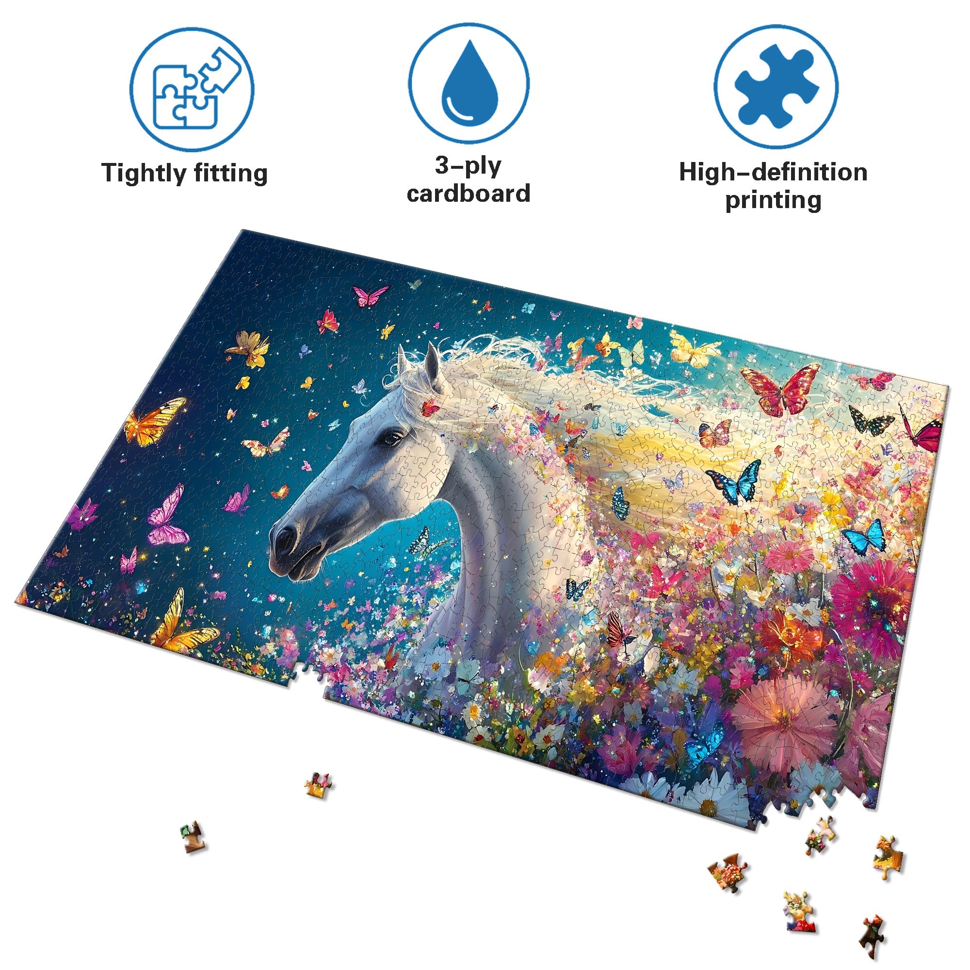 Pavemlo Special Shape Puzzles for Adults 1000 Pieces - Butterfly White Horse Jigsaw Puzzle Challenging Impossible Puzzle, Unique Home Decor & Game (16x31Inch/41x80cm) for Puzzle Lovers - 3