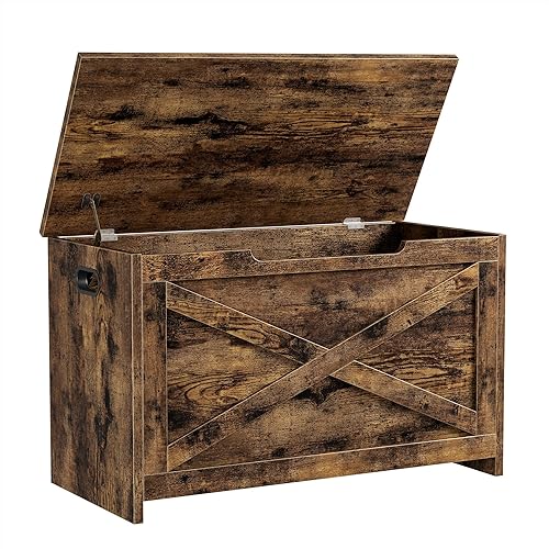 Vista 7 de GAOMON Baúl de almacenamiento, banco de almacenamiento con bisagra de seguridad, baúl de madera estilo granja para entrada, dormitorio, sala de Negro