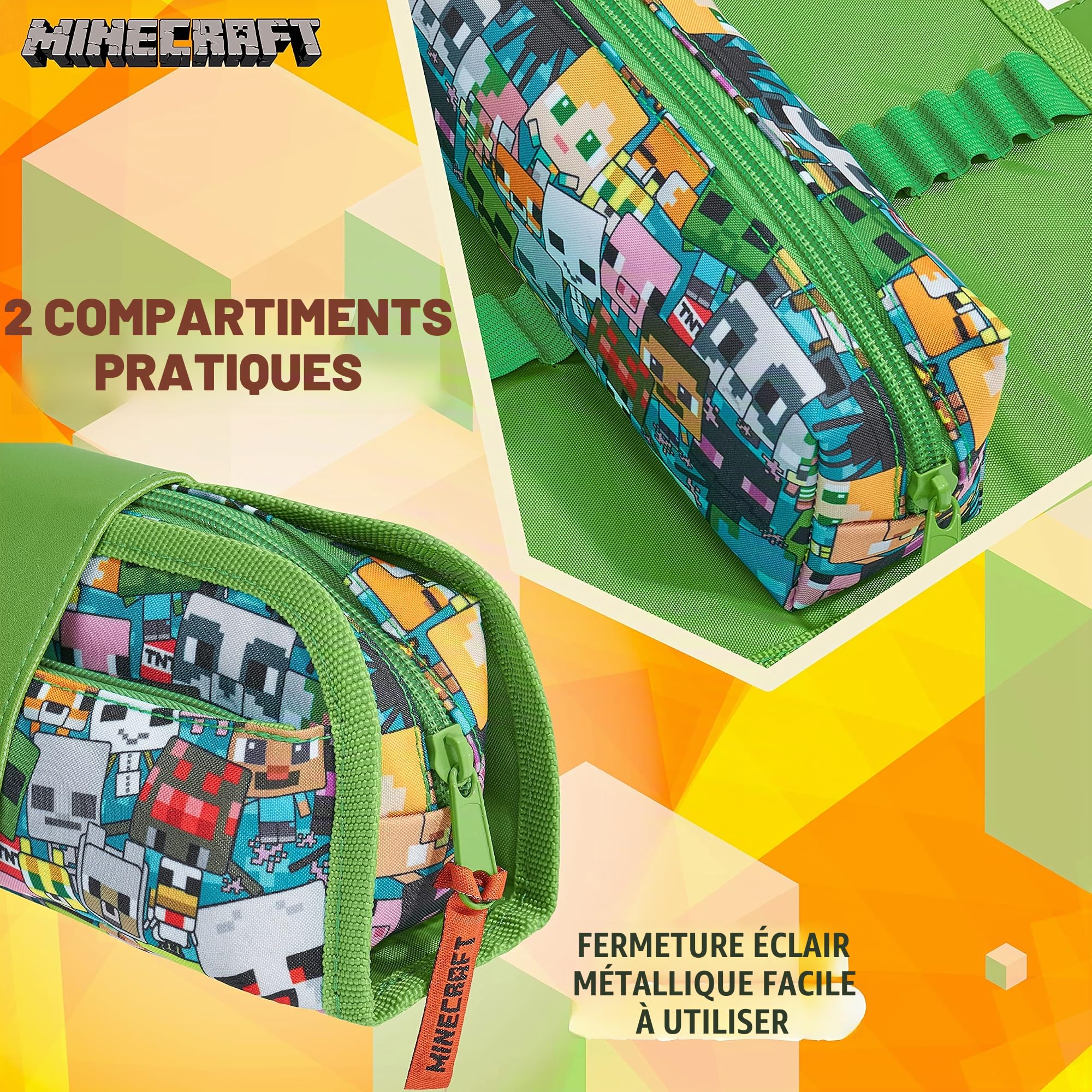 Minecraft Trousse Enfant Garcon Fille Gamer 2 en 1 Trousse Scolaire Double avec Compartiments et Trousse Zippée Détachable