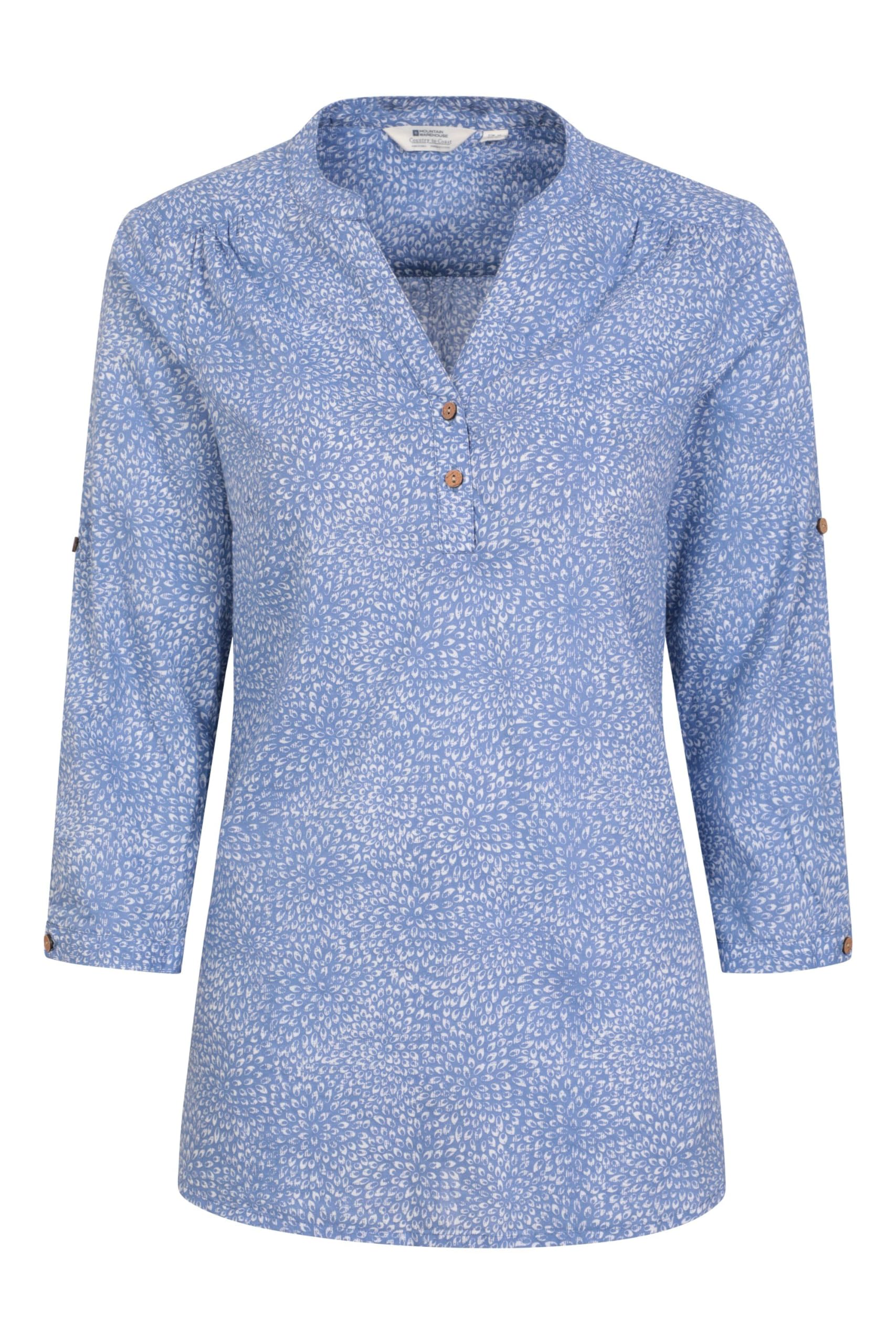 Mountain Warehouse Corn Blue (Printed) Petra Womens Relaxed Fit 3/4 Sleeve Shirt - 100% Cotton Voile Ladies Top, Lightweight, Breathable Blouse - For Travelling & Daily Use Corn Blue Size 10