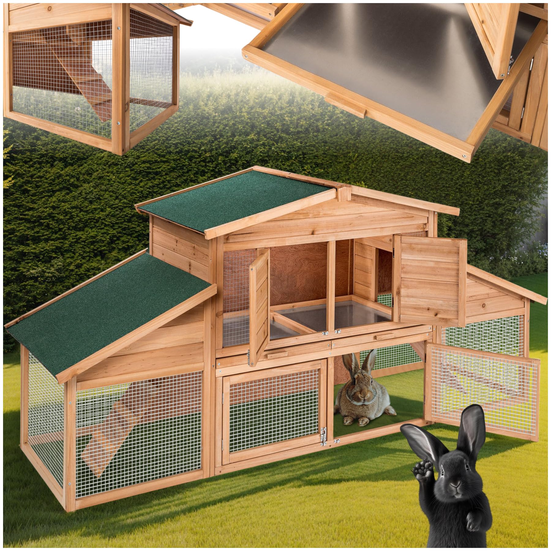 tectake® Clapier Lapin Exterieur Cage Lapin & Autres rongeurs Poulailler pour Poules en Bois imperméable avec Parc XXL au Sol sans Fond et 2 Tiroirs à déjection, 4 Portes verrouillables