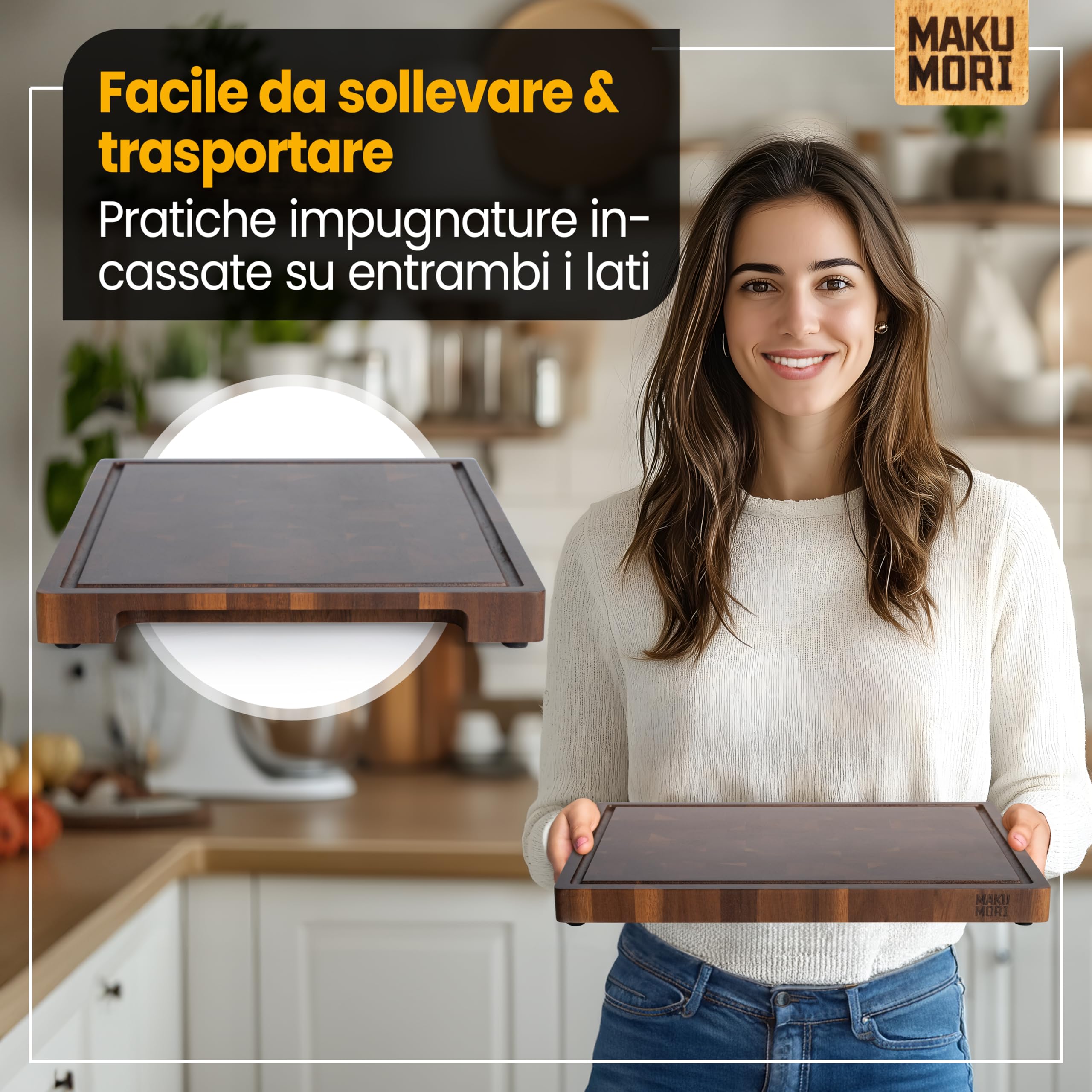 Premium Tagliere Legno di Testa 40x29x3cm Acacia Scuro | Tagliere da cucina in acacia carbonizzata; FSC®; scanalatura per succhi; ampi manici; piedini in gomma antiscivolo