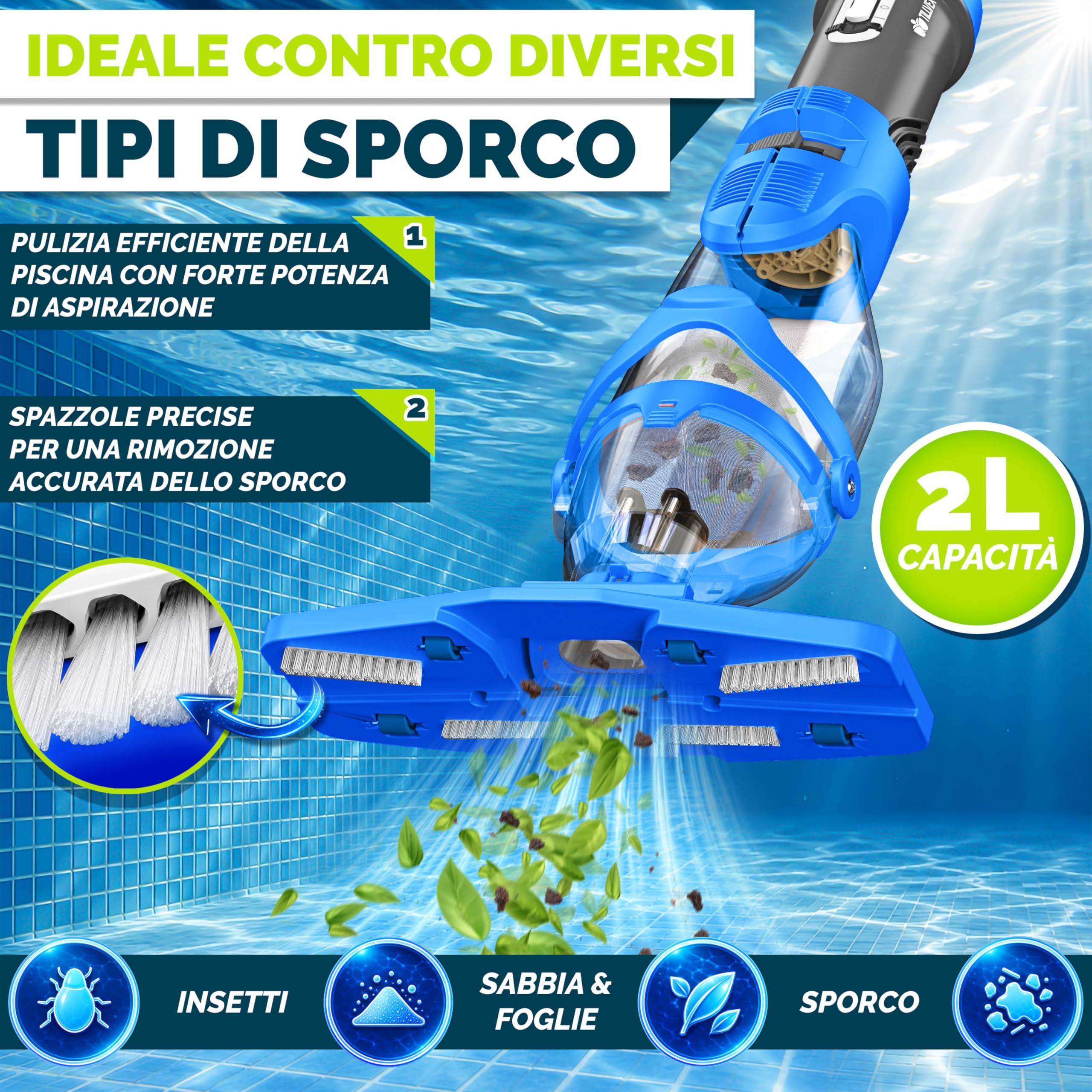 tillvex Aspirapolvere per piscina con batteria ricaricabile e asta telescopica fino a 15 m³ | Aspirapolvere elettrico per fondo piscina con 2 filtri, autonomia di 60 minuti e modalità turbo