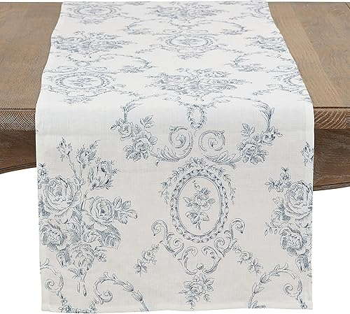 SARO LIFESTYLE Veronique Collection Toile - Camino de mesa floral, 16 x 120 pulgadas, índigo