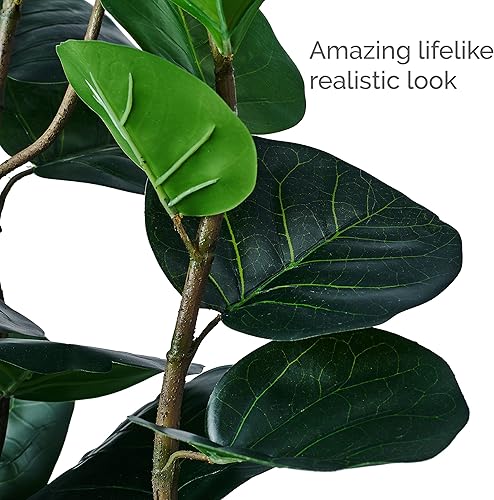 Miniatura 3 de Elements Higuera artificial de hoja de violín con maceta cubierta de arpillera, árbol sintético, Ficus Lyrata, planta falsa para uso en interiores o