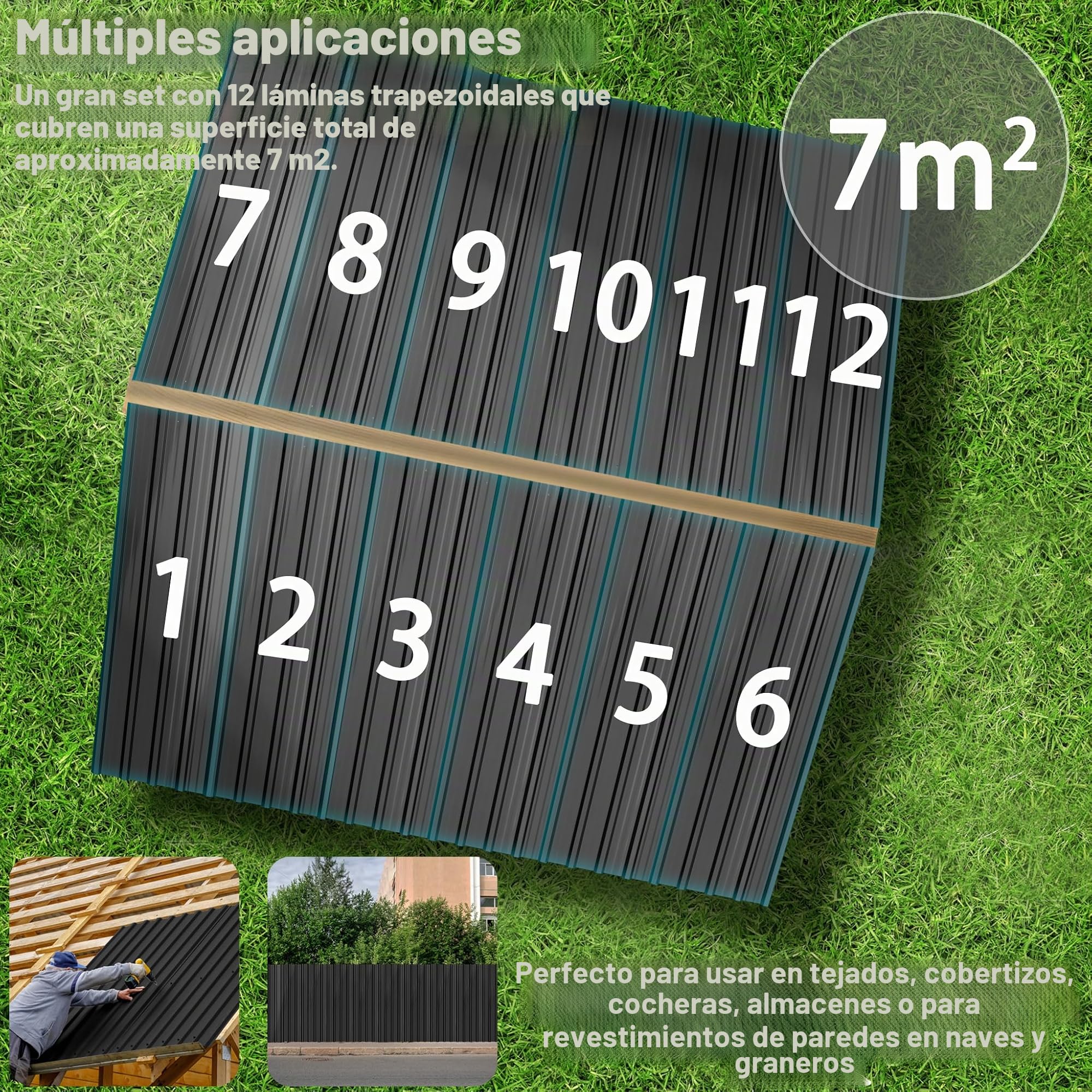 LARS360 Chapa trapezoidal de techo de acero galvanizado, chapa ondulada para techo y pared, ideal para garajes, cobertizos de jardín, cobertizos (negro, 12 unidades)