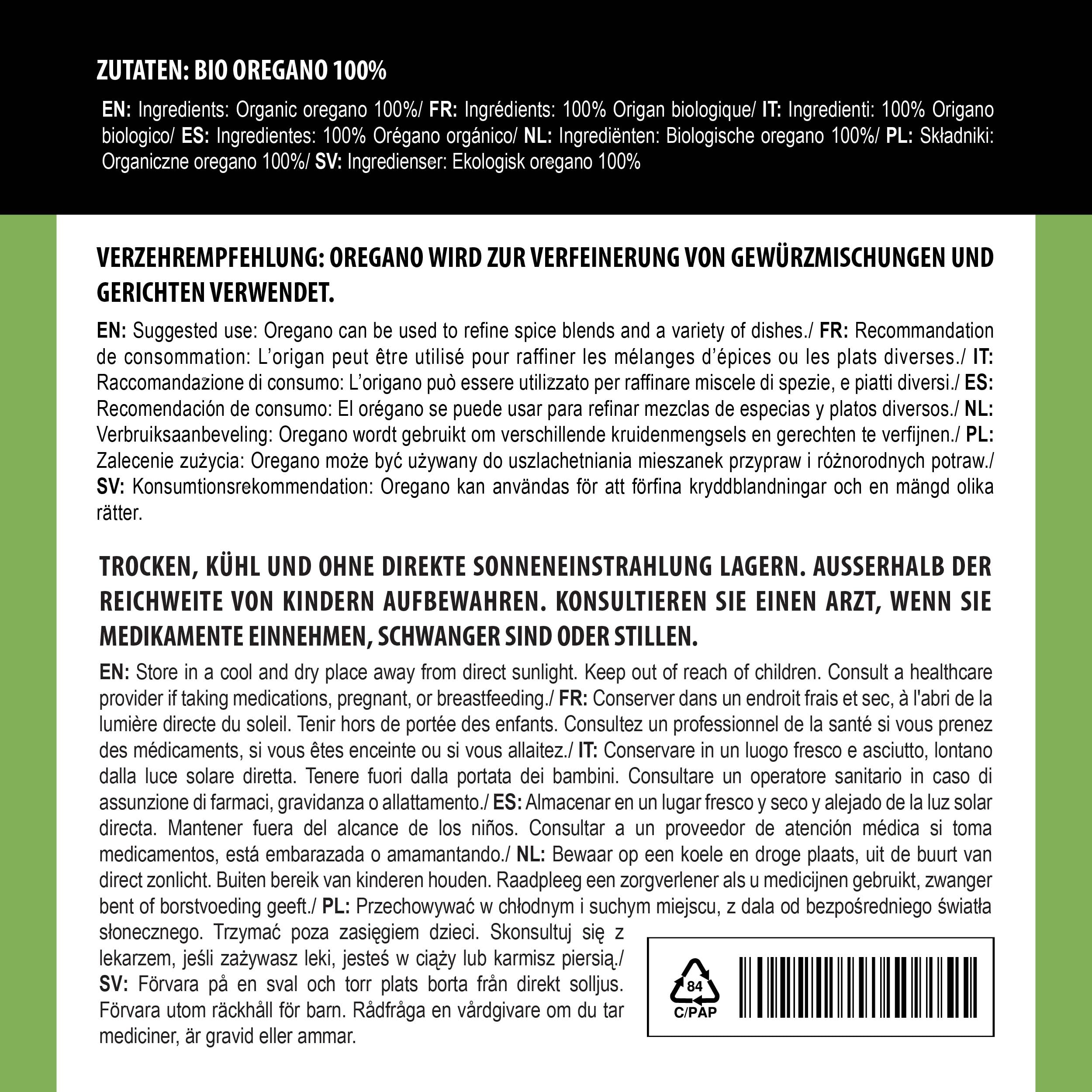 Alpi Nature Bio Oreegano Reblelt (250G) Oreegano z kontrolowanej uprawy organicznej bezglutenowy bez laktozy test laboratoryjny wegański 100% naturalny bez dodatków