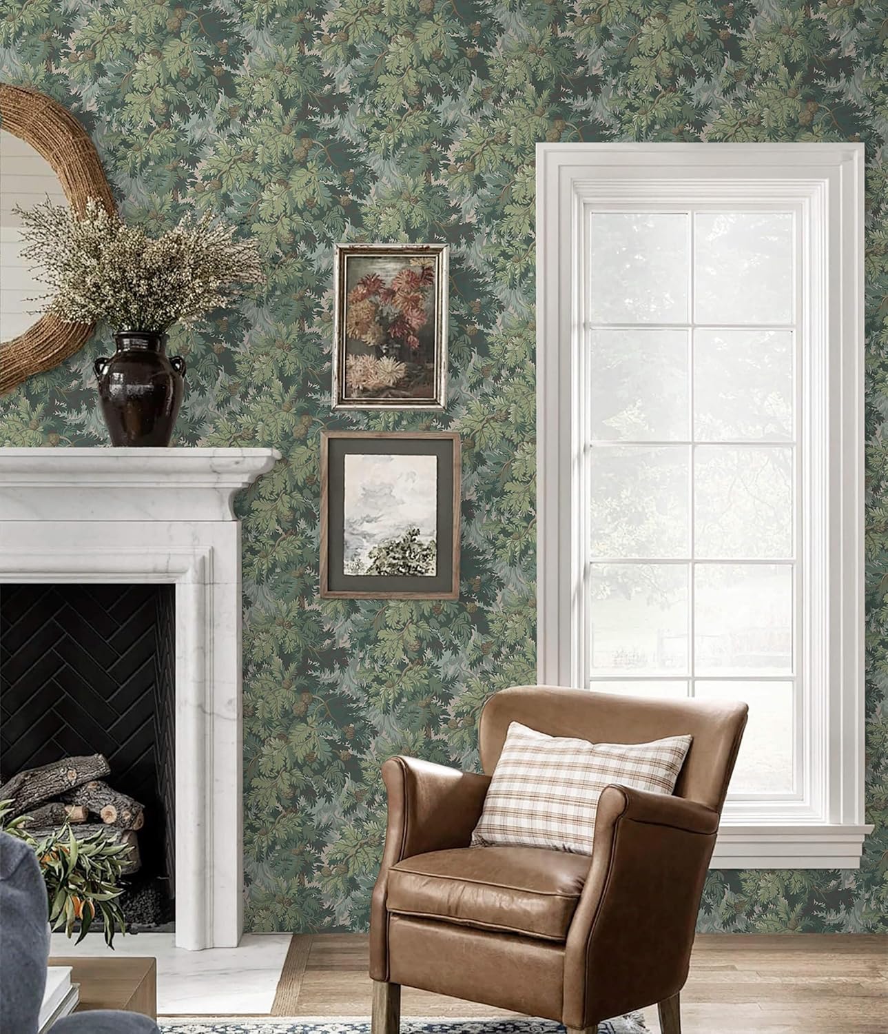 Heroad Dark Green Peel and Stick Wallpaper Botanical Contact Paper 17.3''x78.7'' Vintage Wall Paper Forest Removable Self Adhesive Wallpaper for Bedroom Bathroom Entryway Cabinet Waterproof Vinyl