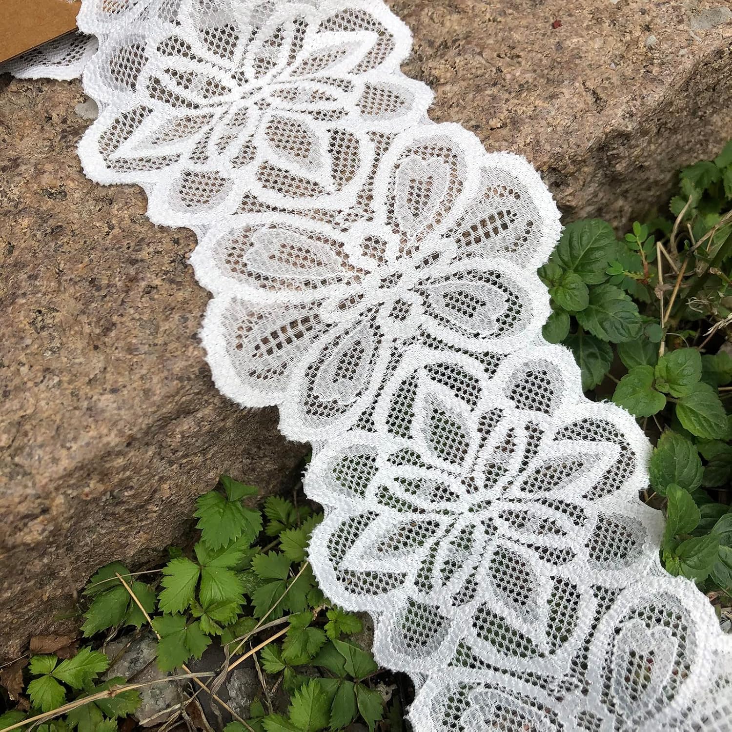 White Stretch Lace Ribbon 3 Inch Wide Lace Trim Fabric, 5 Yards for Bridal Wedding Decorations, Sewing Making and Crafts- (9008 White) image 2