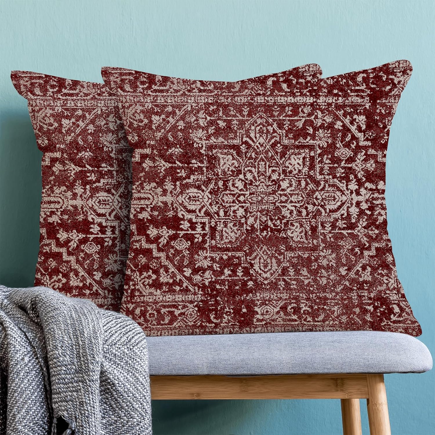 Boho Pillow Covers 18x18, Wine Red Burgundy Cream Ethnic Design Outdoor Decorative Throw Pillows for Couch, Carpet Pattern Decor Cushion Cover 2 Pcs Farmhouse Linen Pillowcase for Bed Car Safa 18" x 18" (Pack of 2) Wine Red Cream