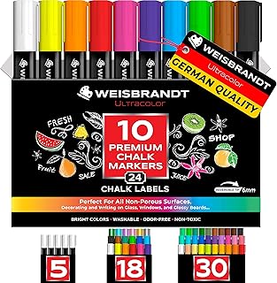 WEISBRANDT Vibrant Liquid Chalk Markers, Premium Dry Erase Marker Pens, for Chalkboards, Whiteboards, Blackboards, Glass, ...