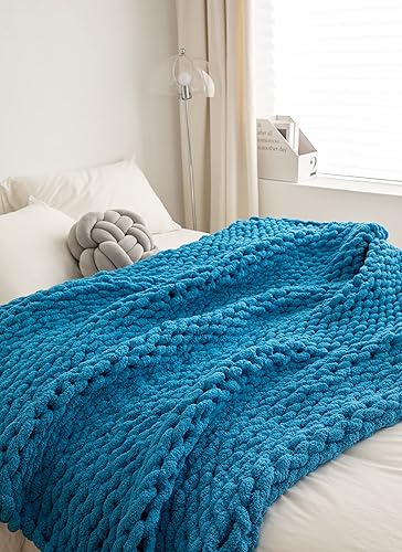 Miniatura 3 de Manta de punto grueso, manta de punto grueso con hilo de chenilla, suave, hecha a mano, cálida, gruesa, para sofá, cama y viajes (azul brillante, 50