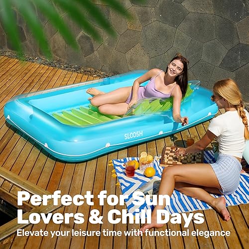 Miniatura 8 de SLOOSH Flotador inflable para adultos, con almohada, 216 x 145 cm, 4 en 1: balsa estilo tina bronceadora, camastro para tomar el sol, para fiestas