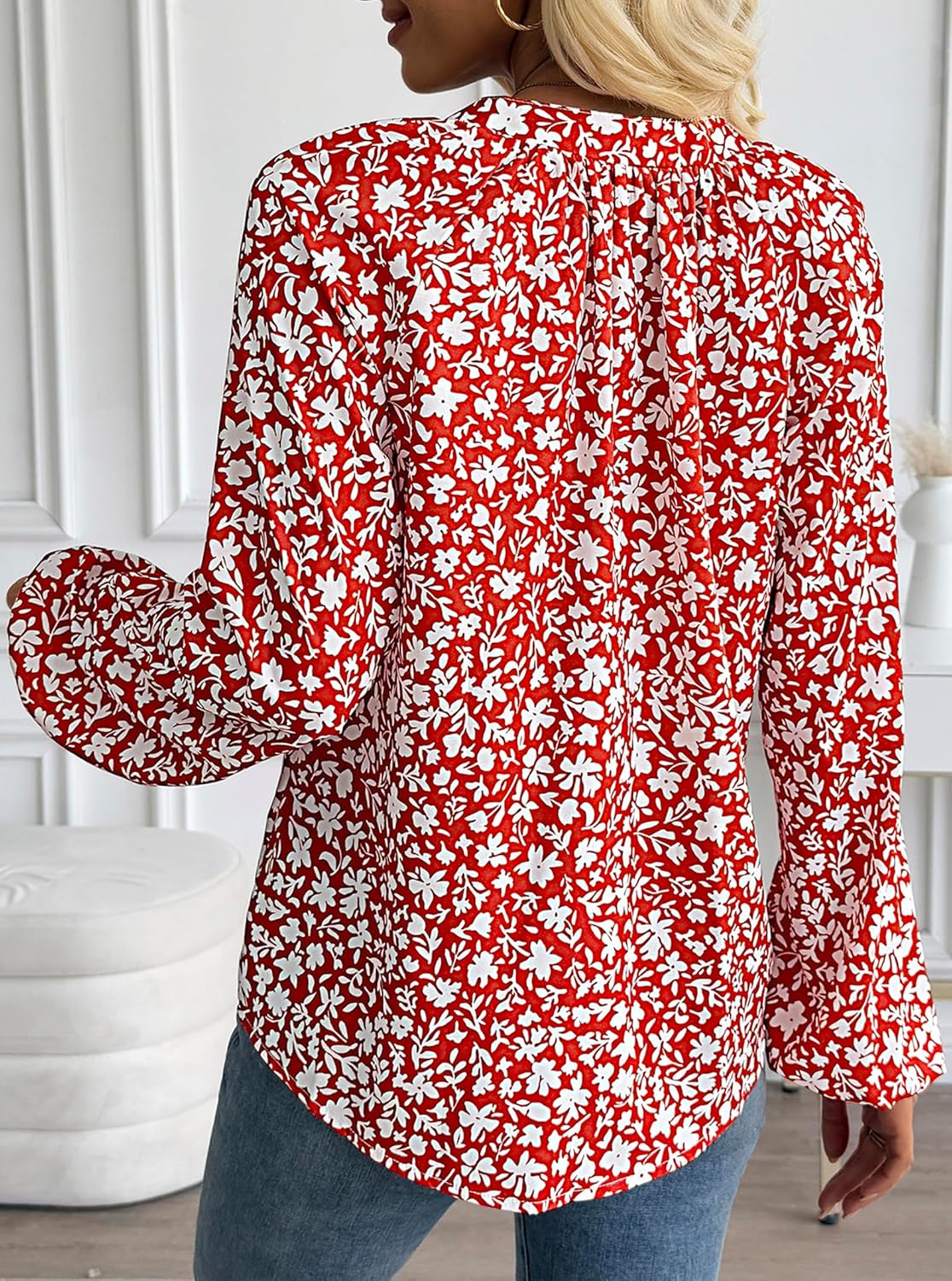 Avanova Women Boho Floral Blouses V Neck Top Lantern Long Sleeve Shirt - Image 3