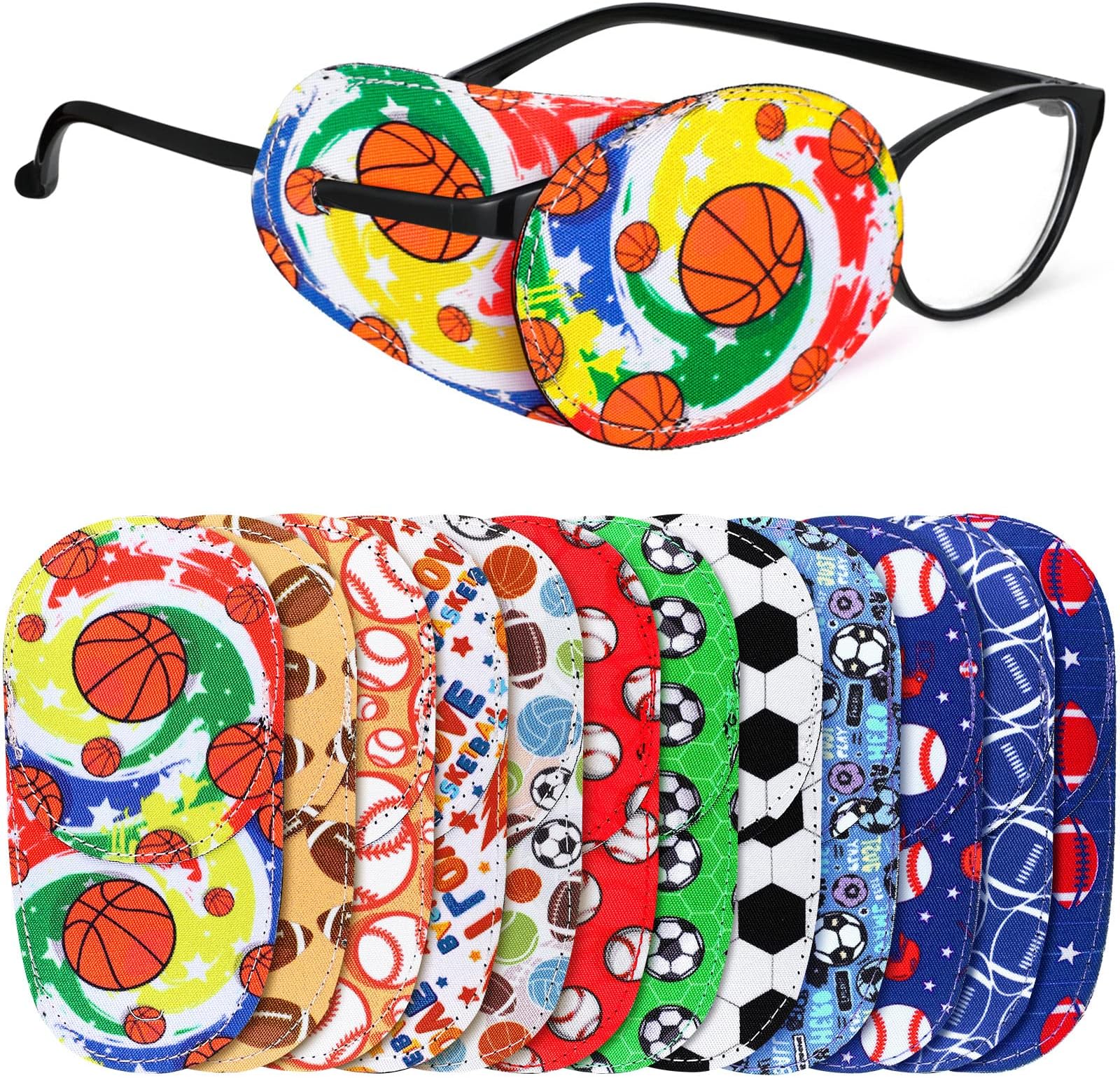Newcotte 12 Pcs Eye Patch for Kids Toddler Reusable Adjustable Girls Boys Eyepatch for Glasses Left or Right Eye Patch, Assorted Patterns(Sports)