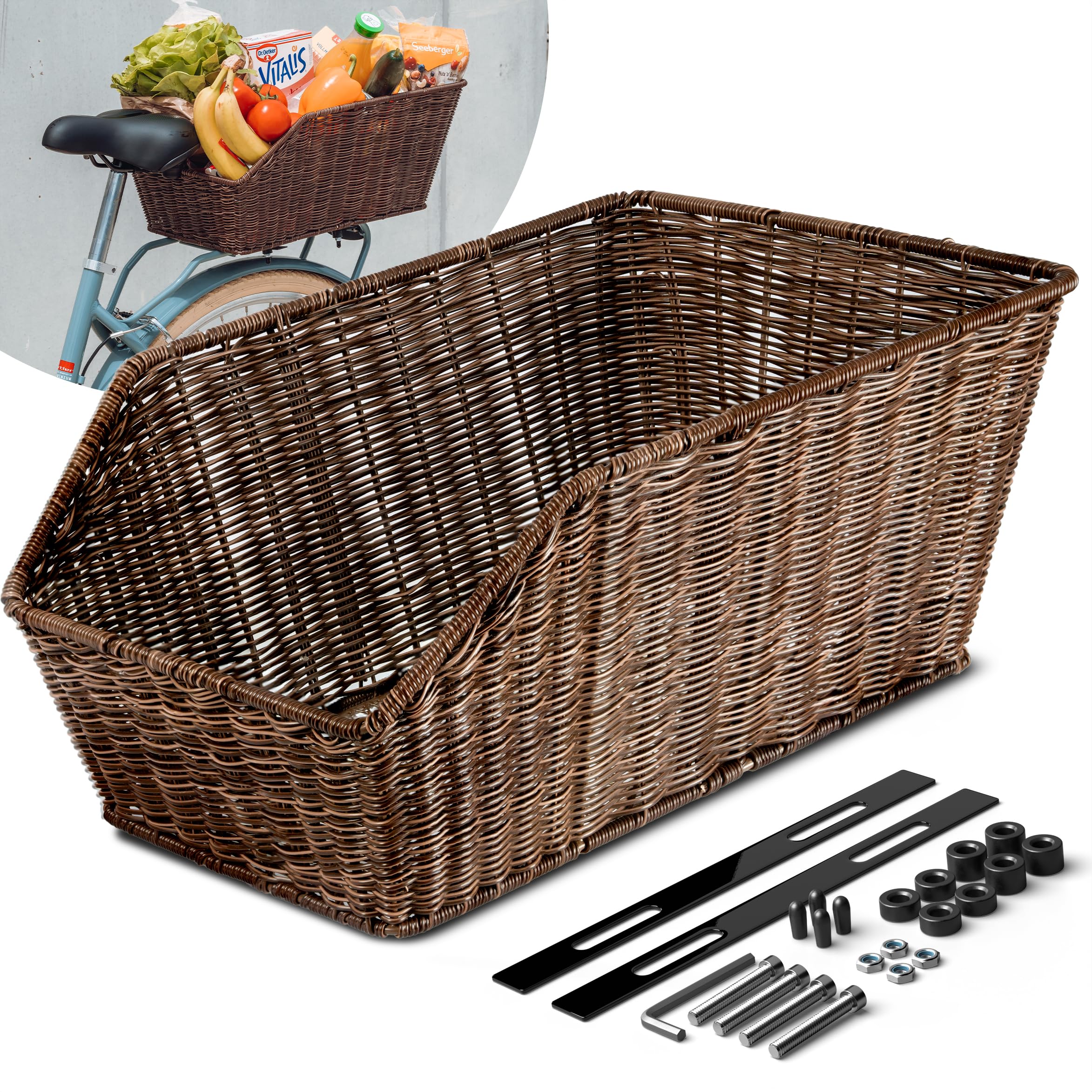 Büchel Bicycle Basket Rear Made of High-Quality Polyrattan I Bicycle Basket for Rear Including Mounting Material Bicycle Basket Large Rear Bicycle Basket Children Rear I School Bag Basket