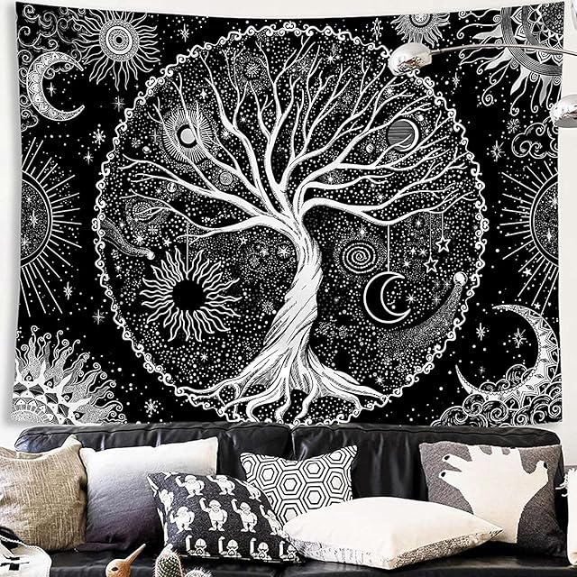 DÉCOCO Tree of Life Tapestry Black and White Tapestry Galaxy Space Tapestry Black Aesthetic Tapestry Wall Hanging for Bedroom (180x230cm)