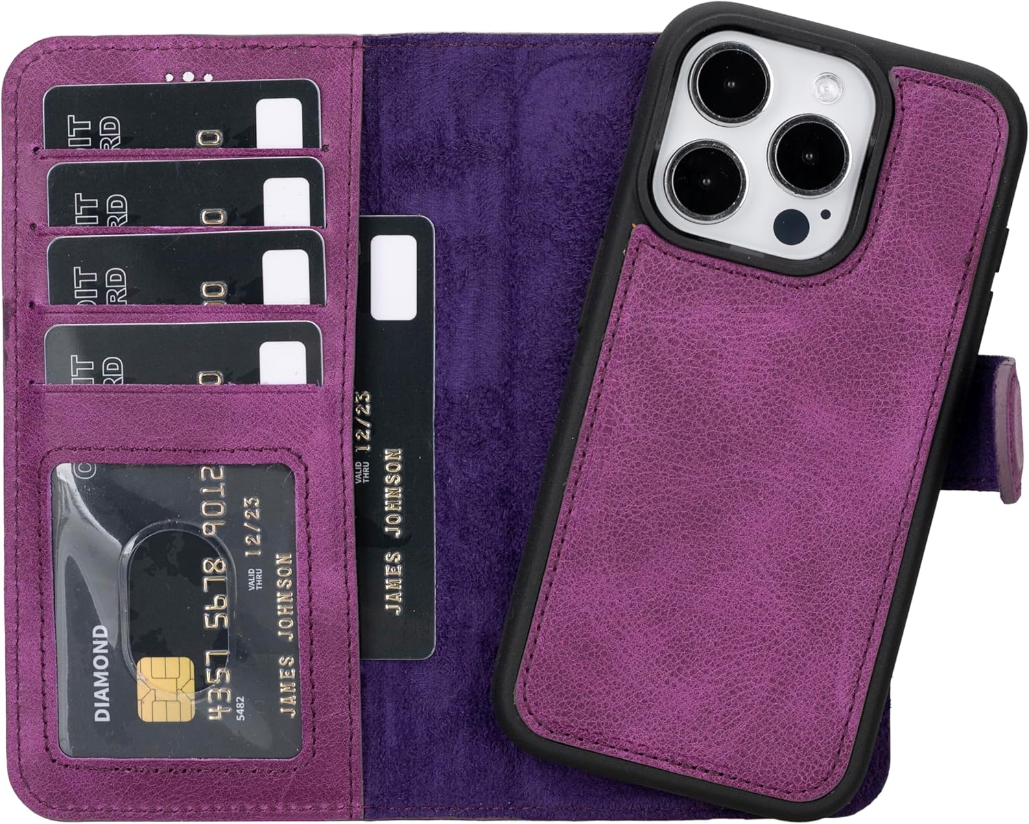 HARDISTON Genuine Leather Custom Wallet Case Compatible with iPhone 15 Pro - MagSafe Compatible - Pro Detachable Magnetic Flip Cover with Card Holders - Horizontal Kickstand (Purple)