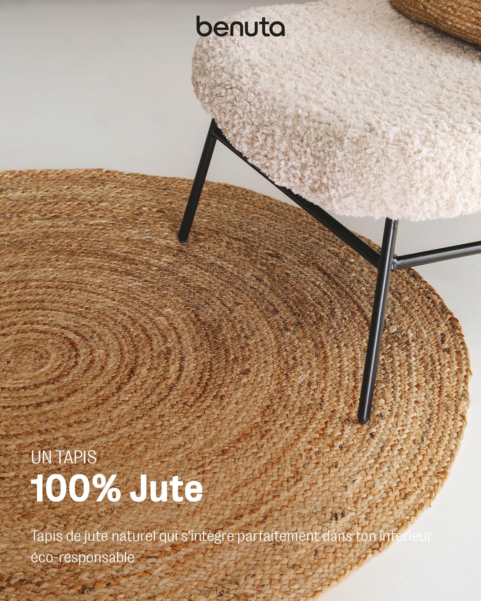 benuta Jutta Tapis en Jute Naturel - Rond 90 cm - Tapis de Salon tissé à la Main - Design Naturel - Convient pour Chauffage au Sol