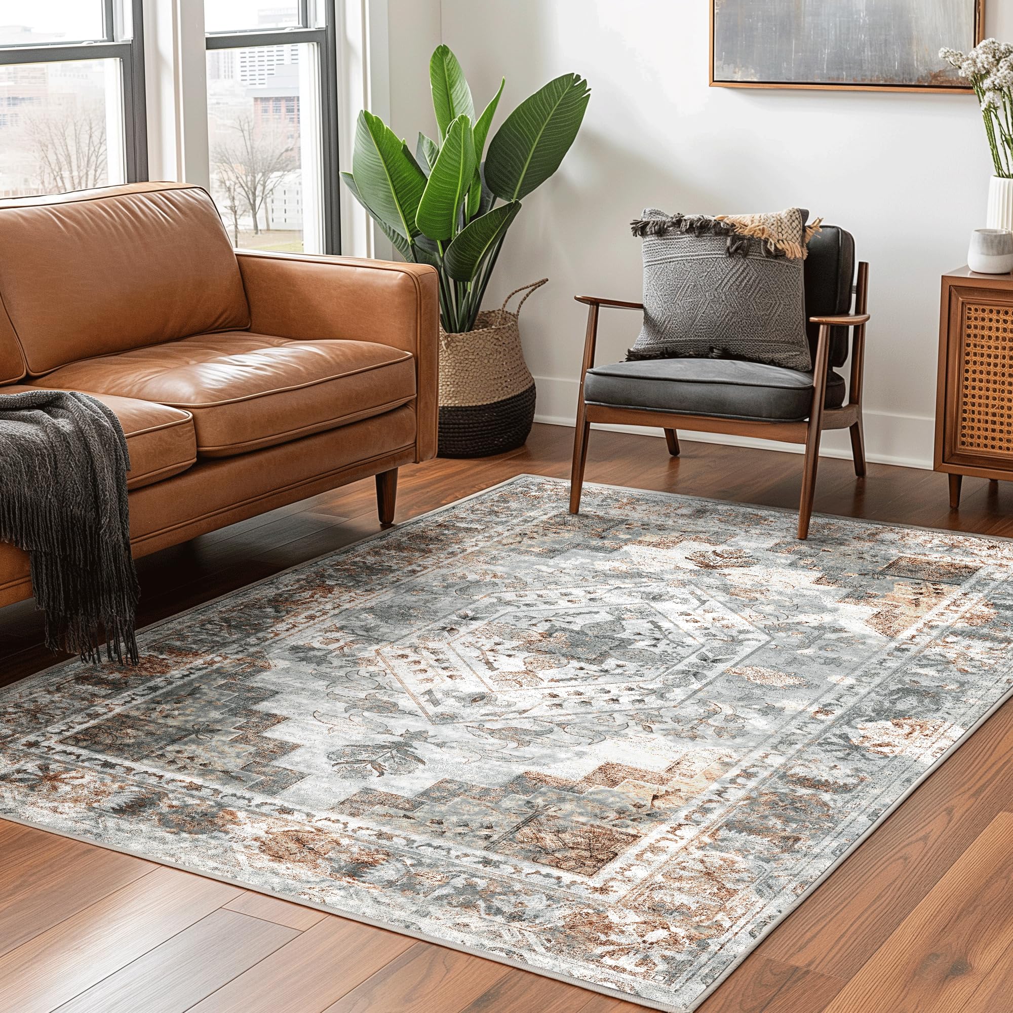 NICETOWN Thin Washable Vintage Area Rug - 8x10 Boho Non-Slip Entryway Rug Oriental Medallion Living Room Rug Entrance Mat Carpet for Kitchen Laundry Bathroom Bedroom, Grey