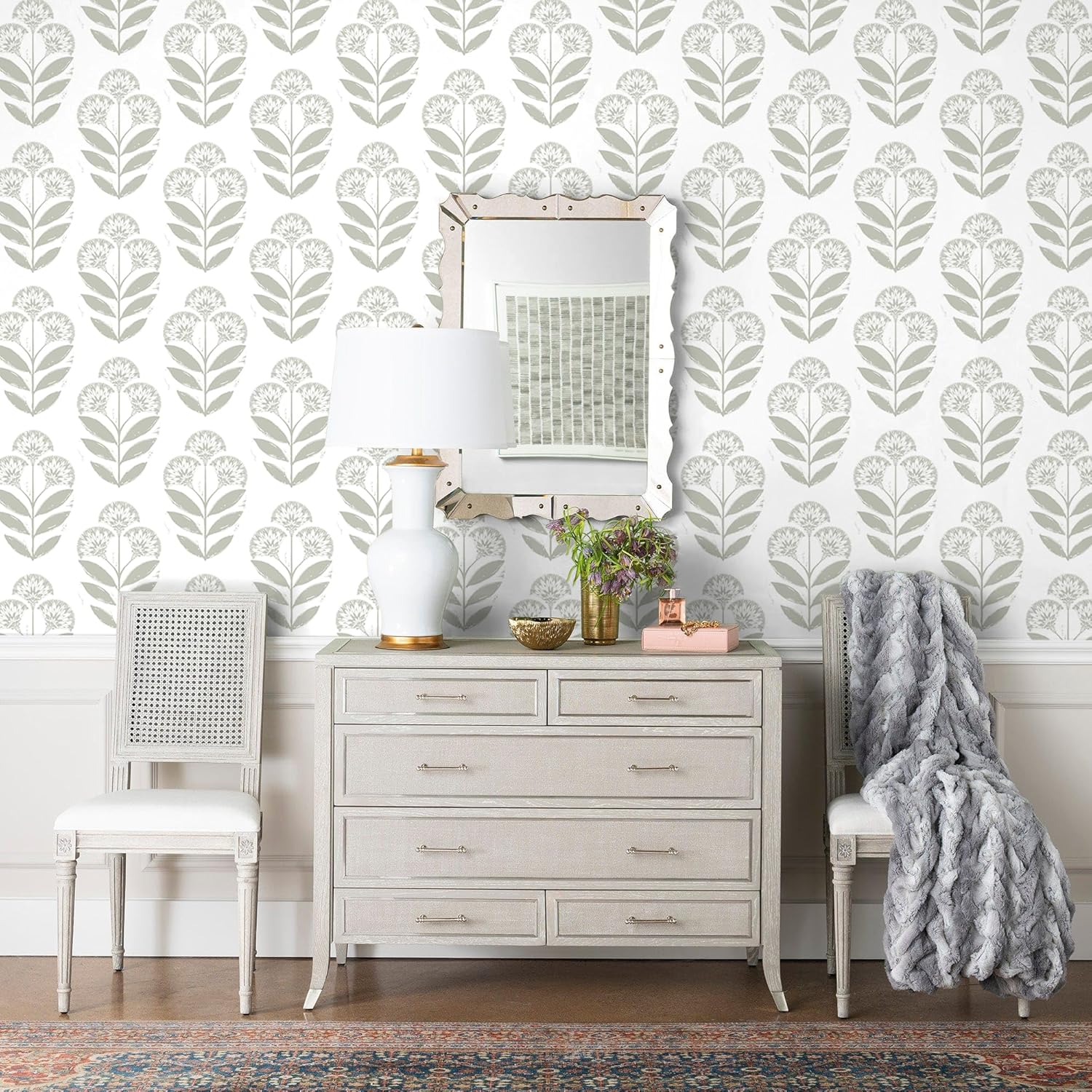 Yasinet Floral Peel and Stick Wallpaper Boho Floral Wallpaper White Vintage Farmhouse Contact Paper Beige Waterproof Self Adhesive Removable Wall Paper for Bedroom Bathroom Cabinet Viny 17.3" x 394"