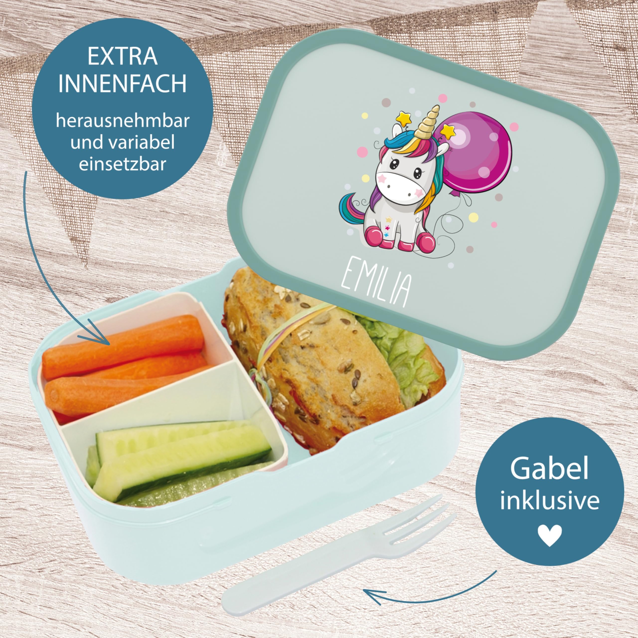 4youDesign | Set Brotdose und Trinkflasche mit Motiv -EINHORN- für Kinder, personalisiert mit Namen, in 6 Farben – Pop-up Flasche für Schule & Sport – Geschenkidee zur Einschulung (Cool Mint)