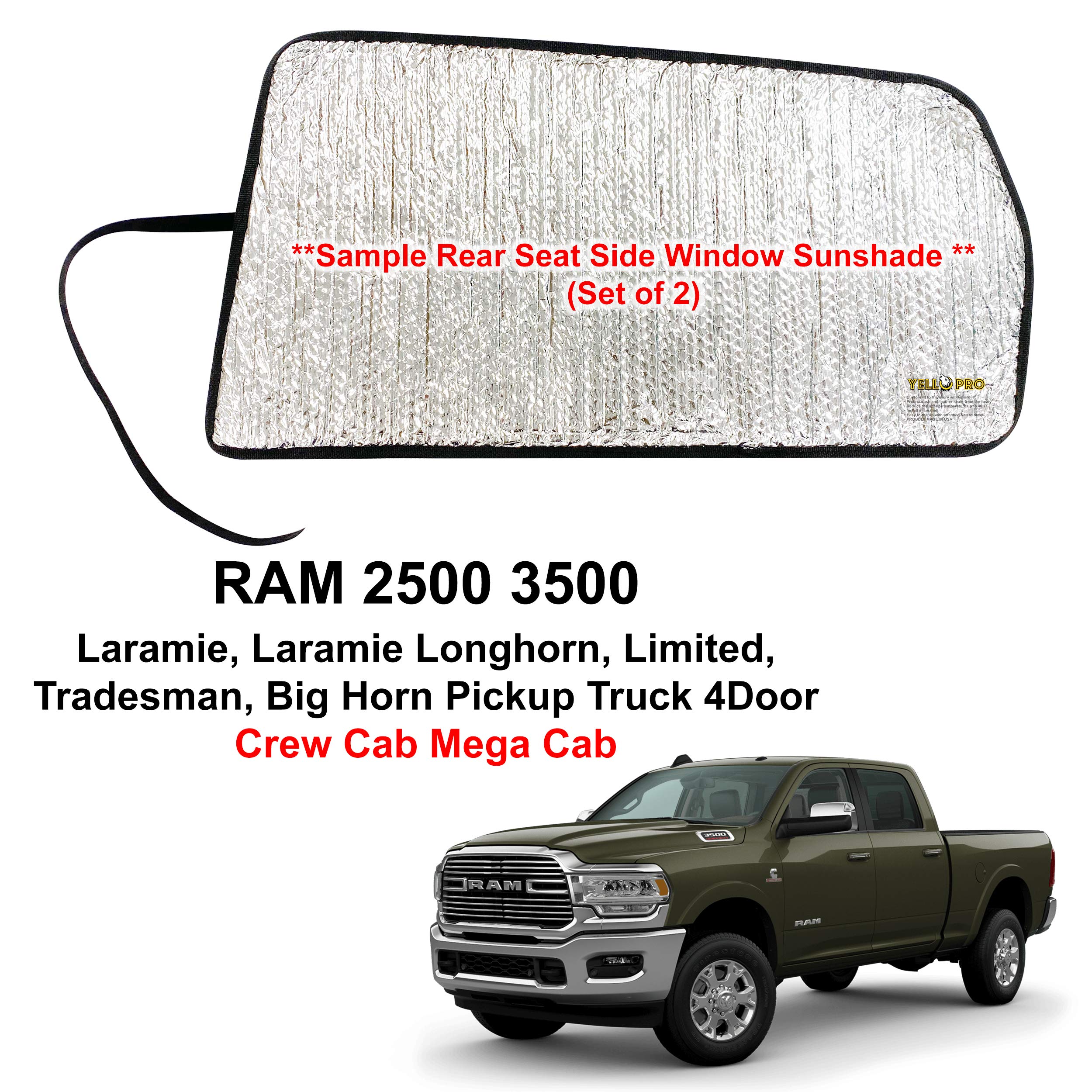 Side Window Rear Seat 2nd Row Sunshade for 2010 2011 2012 2013 2014 2015 2016 2017 2018 2019 2020 2021 2022 2023 2024 2025 Dodge RAM 2500 3500 (NOT for 1500 Models) Crew Cab, Mega Cab - 4Dr (2pcs)