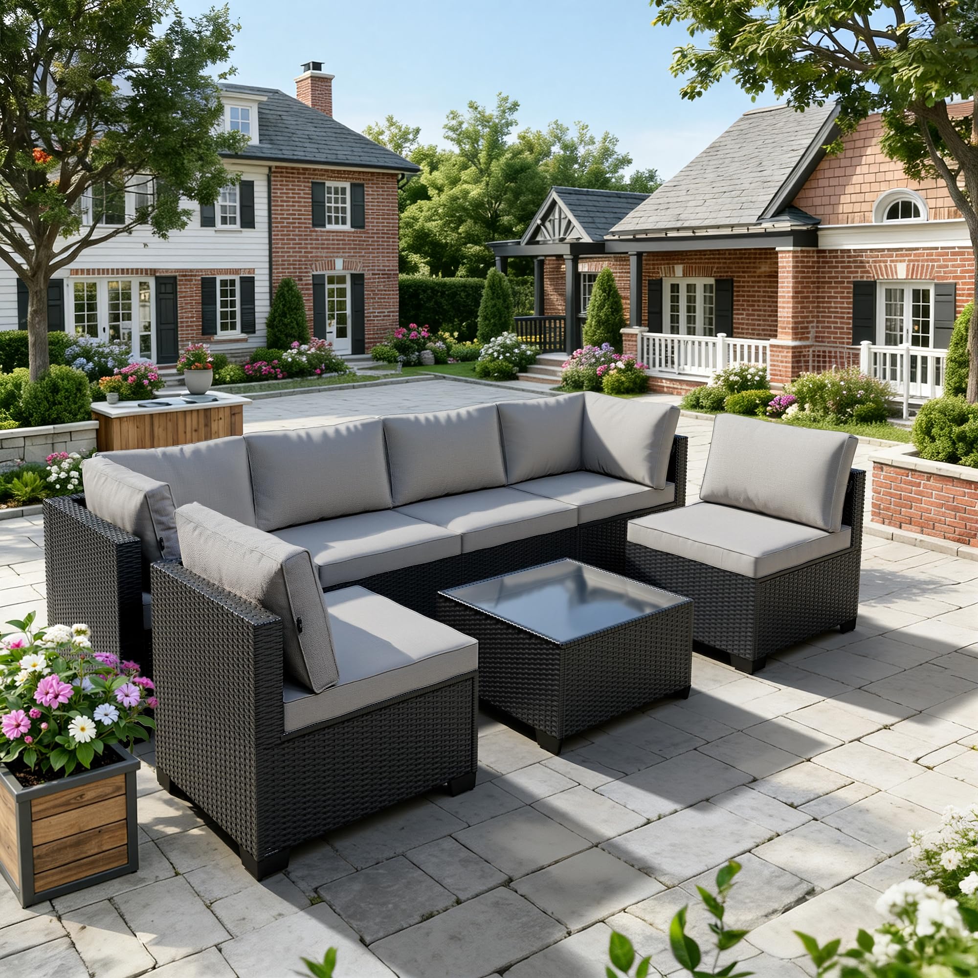 WWR Patio Furniture Set 7 Piece - All-Weather - Wicker Rattan Patio Outdoor Conversation Set, Modular Sectional Sofa for Backyard, Garden, Poolside,