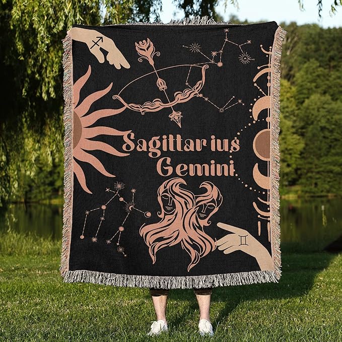 Throw Blanket, 100% Cotton Woven, Zodiac Compatibility Sign, Astrology Decor Woven Tapestry, Sagittarius & Gemini Horoscope Match 2-Inch Fringe Detail, Vintage Aesthetic Multiple Sizes 50 x 60