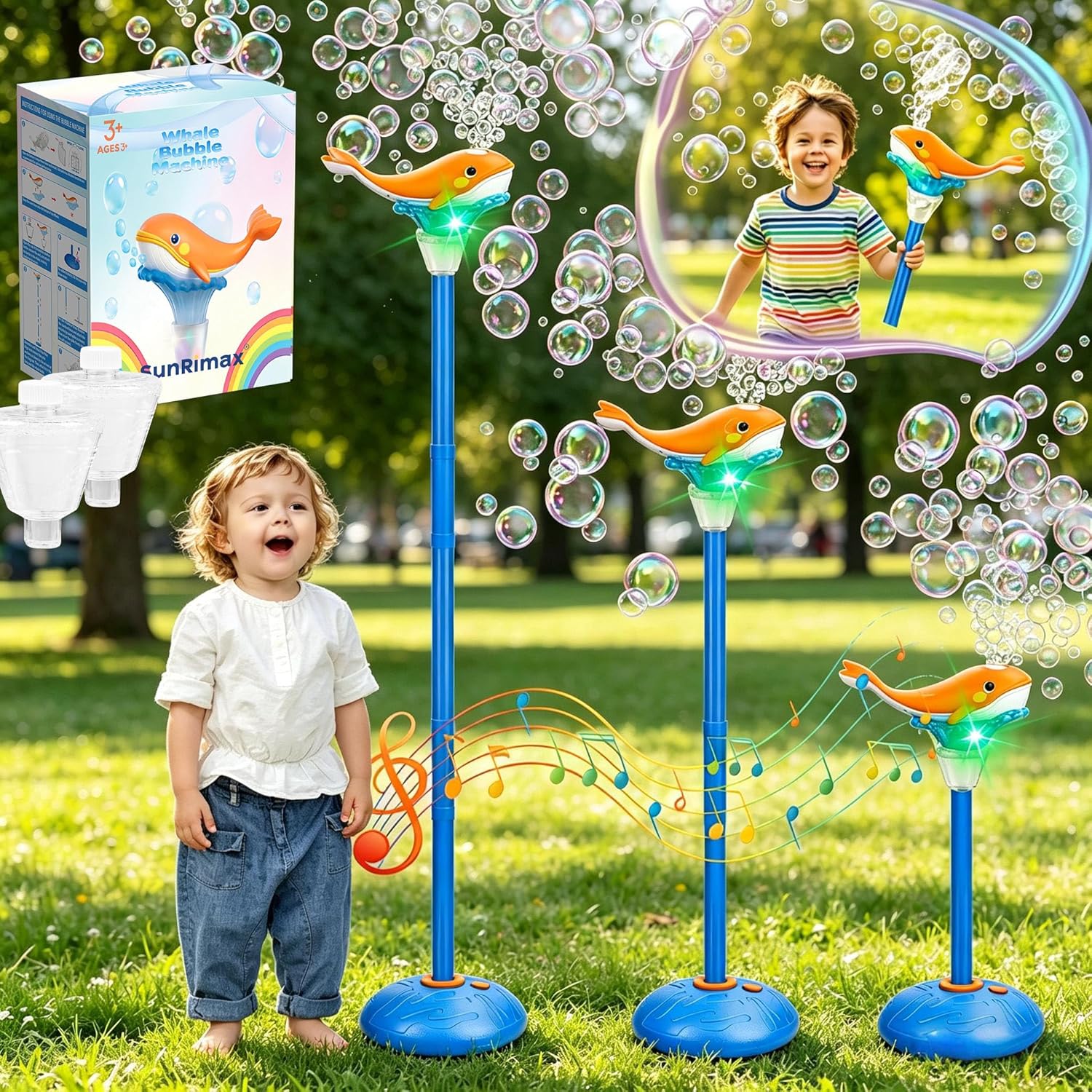 Standing Bubble Machine for Kids Outdoor, Whale Bubble Torch with Light Lamp Music, 47" Adjustable Height Automatic Bubble Blower Maker Fountain Tower, Stand Up Outside Bouncer Handheld Lanterns Toys