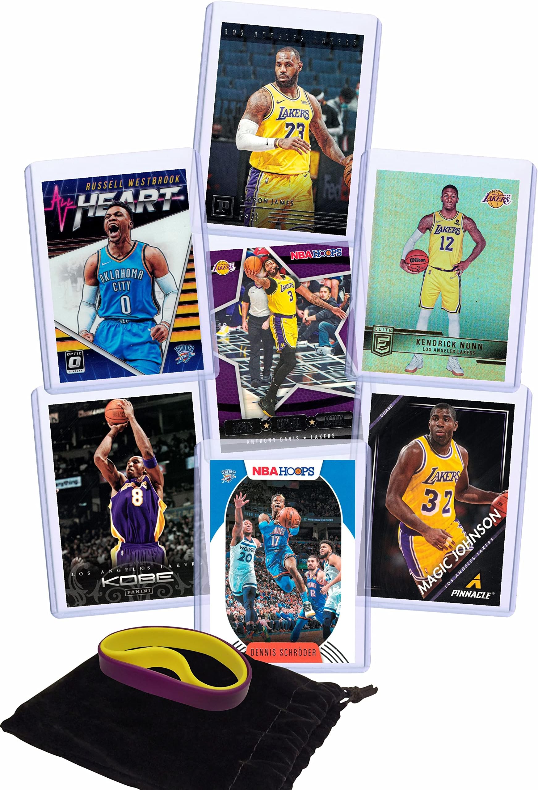 Los Angeles Lakers Cards: Lebron James, Kobe Bryant, Russell Westbrook, Anthony Davis, Kendrick Nunn, Dennis Schroder, Magic Johnson ASSORTED Trading Cards and Wristbands Bundle