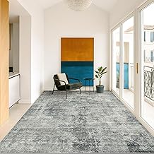 Hazo Haus Vintage Dark Blue Rugs for Bedroom - 6x9 Distressed Print Pattern Large Area Rug for Living Room, Dining Room Under Table, Thin & Soft Washable Slate and Gray D&eacute;cor