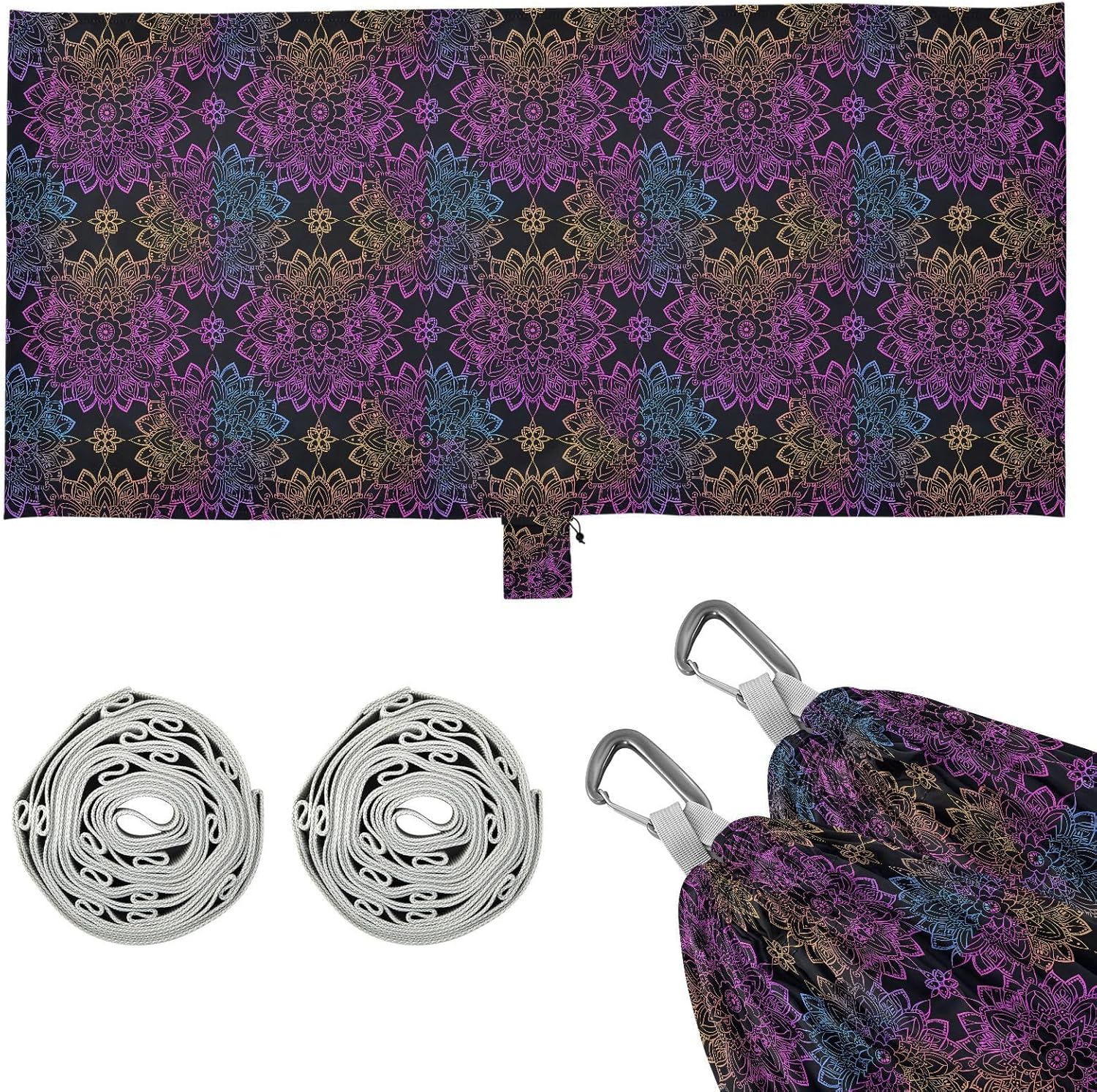 ALAZA Rainbow Mandala Flower Bohemian Camping Hammocks Single or 2 Person 500 lbs Portable Parachute Travel Hammock w/Tree Straps for Hiking Backpacking Indoor Outdoor