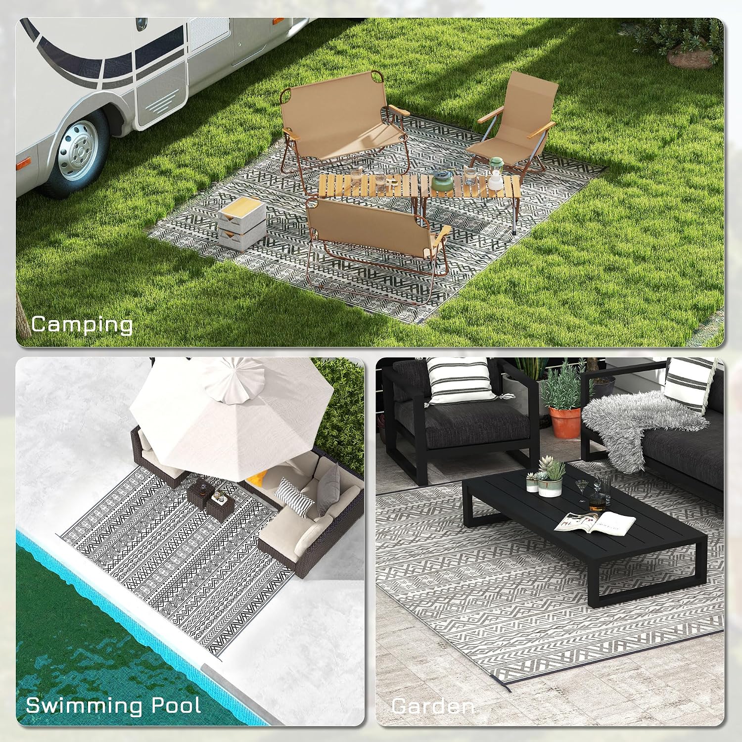 Outsunny Outdoor Rug for Patio, 8' x 10' Waterproof Large Mat, Reversible Plastic Straw Rug for Decor, Portable Outside RV Camping Area Carpet Mat for Backyard Porch Deck Picnic, Gray & Cream Boho