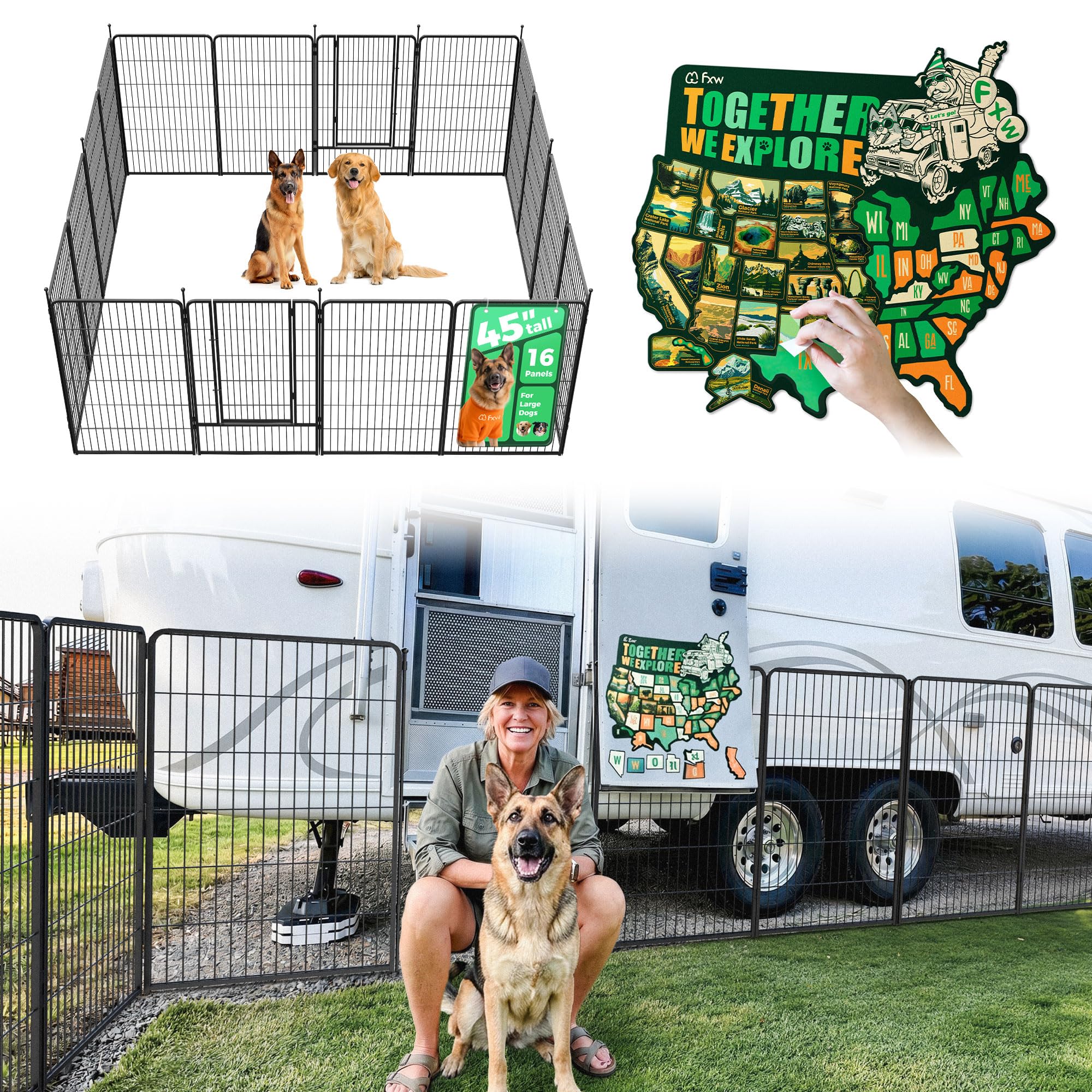 FXW Instant Dog Playpen with RV State Travel Map for Camping Outdoor Yard