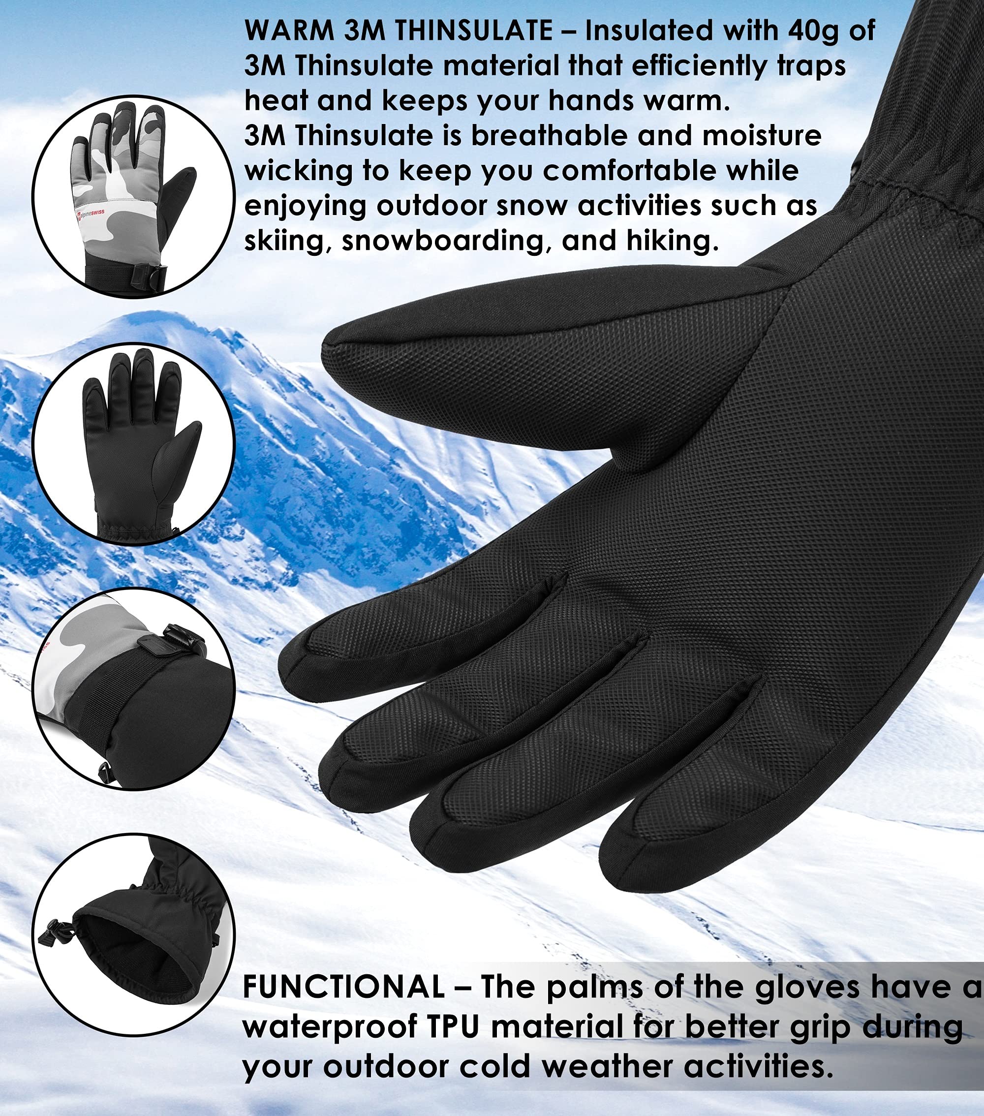 alpine swiss Guantes de esquí Impermeables para Hombre Guantes de esquí Deporte de Invierno Snowboard A Prueba de Viento Cálido 3M Thinsulate