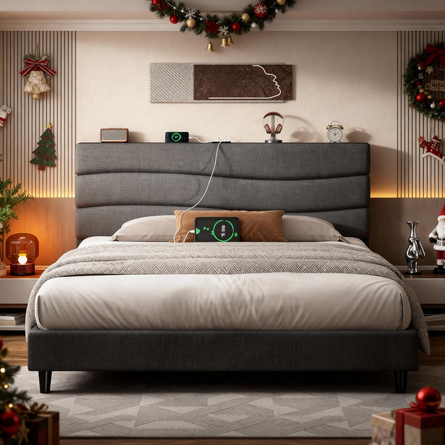 EnHomee Full Size Bed Frame with Fabric Headboard