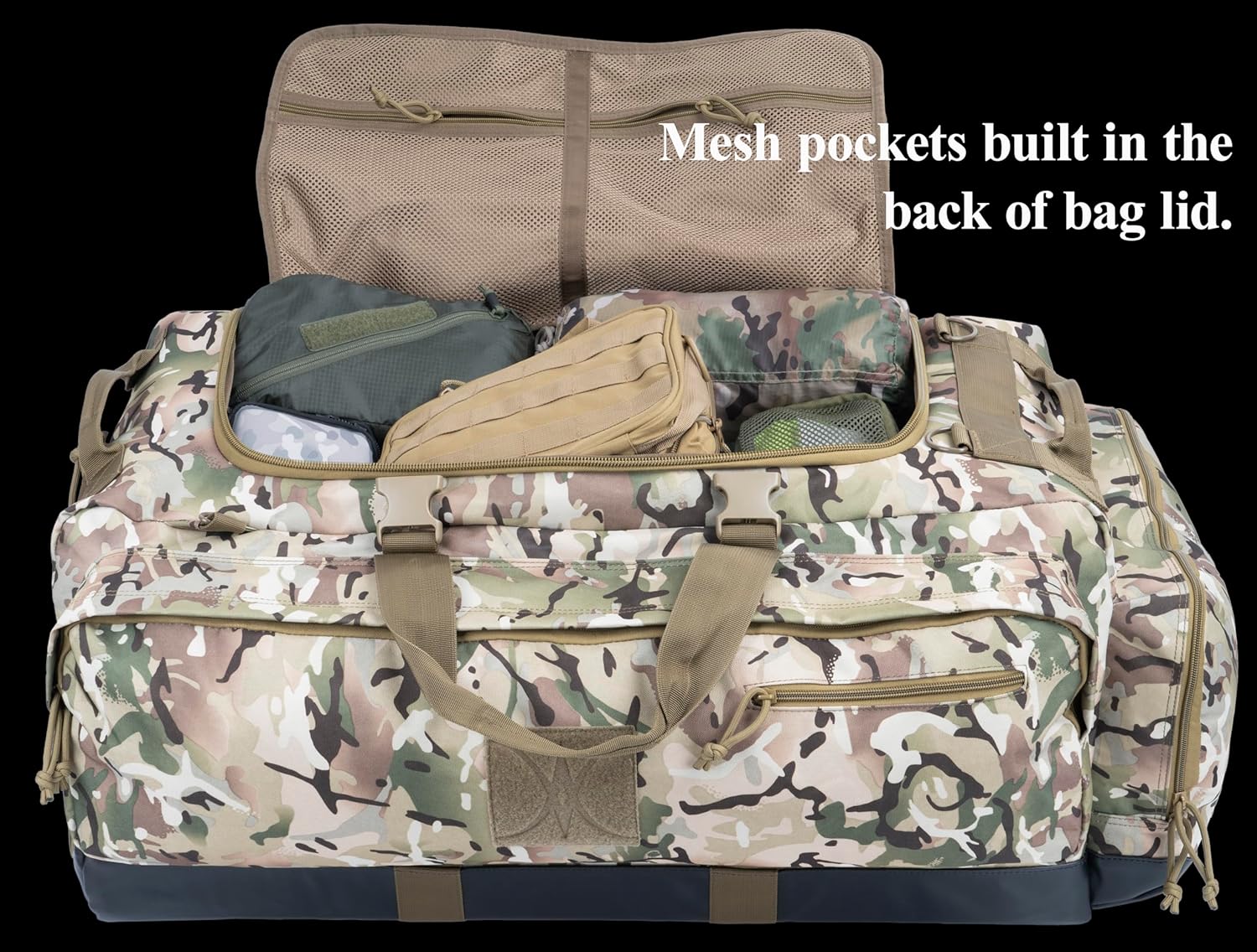 Large Duffle Bag Duffel Pack with Backpack Shoulder Straps and Shoes Compartment 105L for Sports Travel Hunting Camping.
