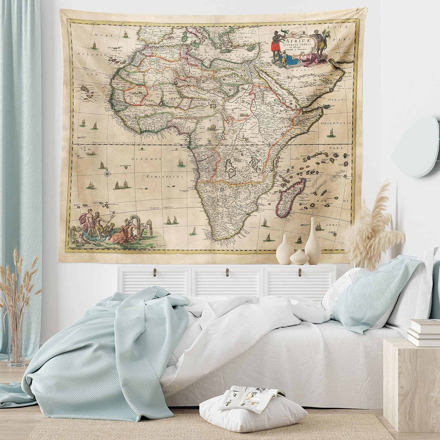 Lunarable Antique Tapestry King Size, Old Map of Africa Continent Historic Rustic Manuscript Geography, Wall Hanging Bedspread Bed Cover Wall Decor, King Size, Sand Brown Multicolor