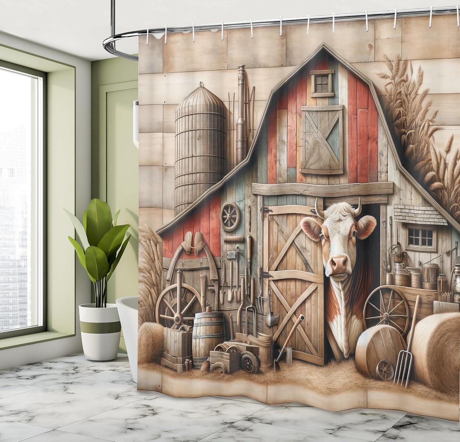Ambesonne Rustic Shower Curtain, Cow and American Style Farmland Barn with Weathered Effect Vintage Rural Life, Cloth Fabric Bathroom Decor Set with Hooks, 69" W x 70" L, Tan Dark Salmon