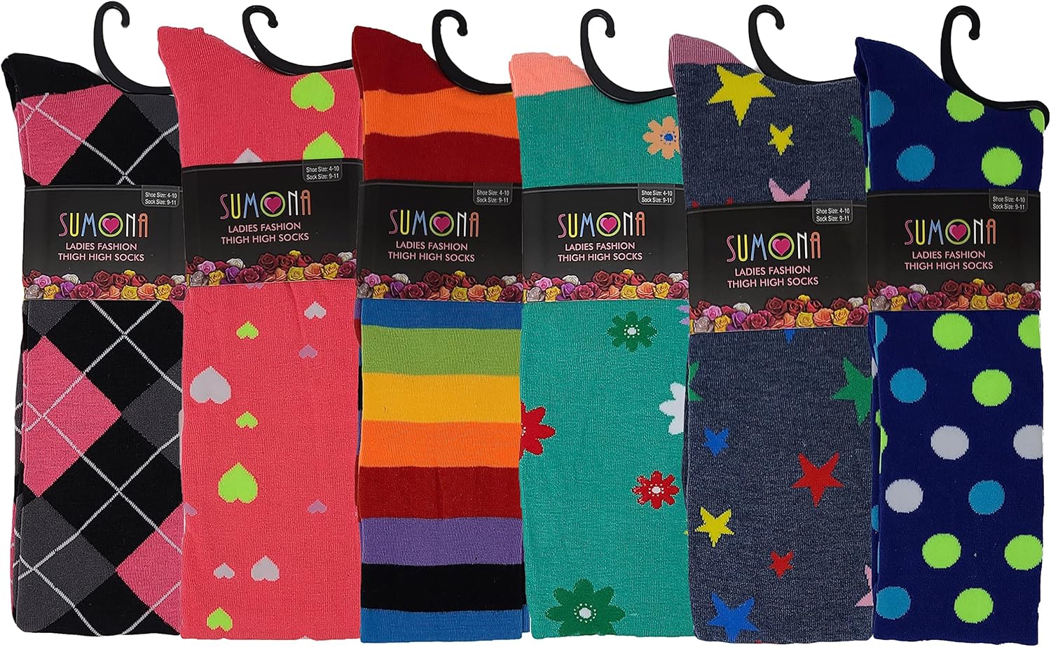 SUMONA 6 Pairs Pack Women Multi Neon Color Fancy Design Thigh High Over the Knee Socks Stockings