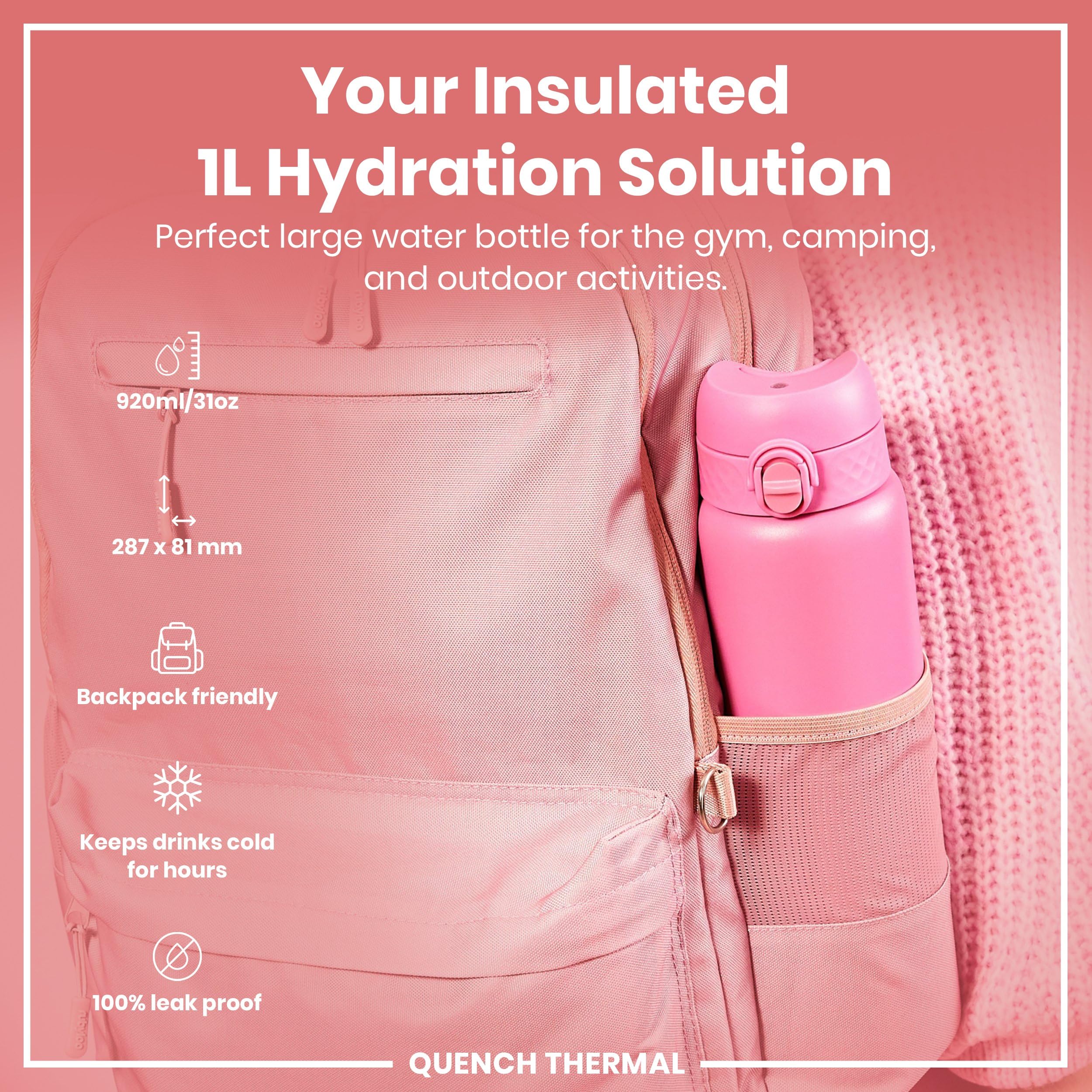 Ion8 Vacuum Insulated Stainless Steel 1 Litre Water Bottle, 920ml, Leak Proof, One-Finger Open, Secure Lock, Carry Handle - Image 2