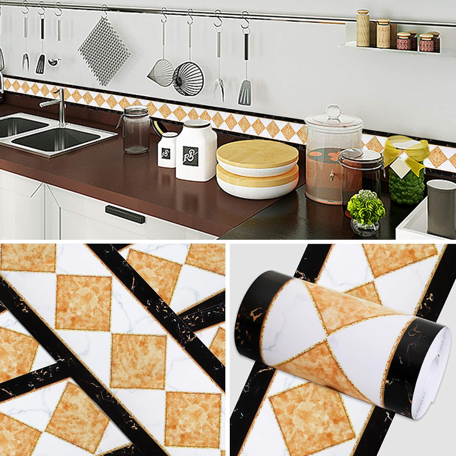 Soyizom PVC Wallpaper Borders - Modern Geometric Wall Covering Peel and Stick Backsplash Stickers Self-Adhesive Kitchen Cabinet Toilet Border