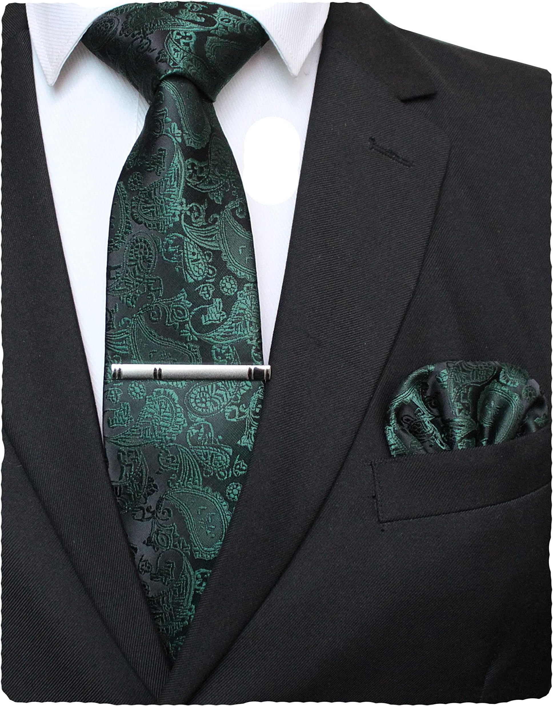 Mens Solid Color Paisley Necktie and Pocket Square with Tie Clip Sets