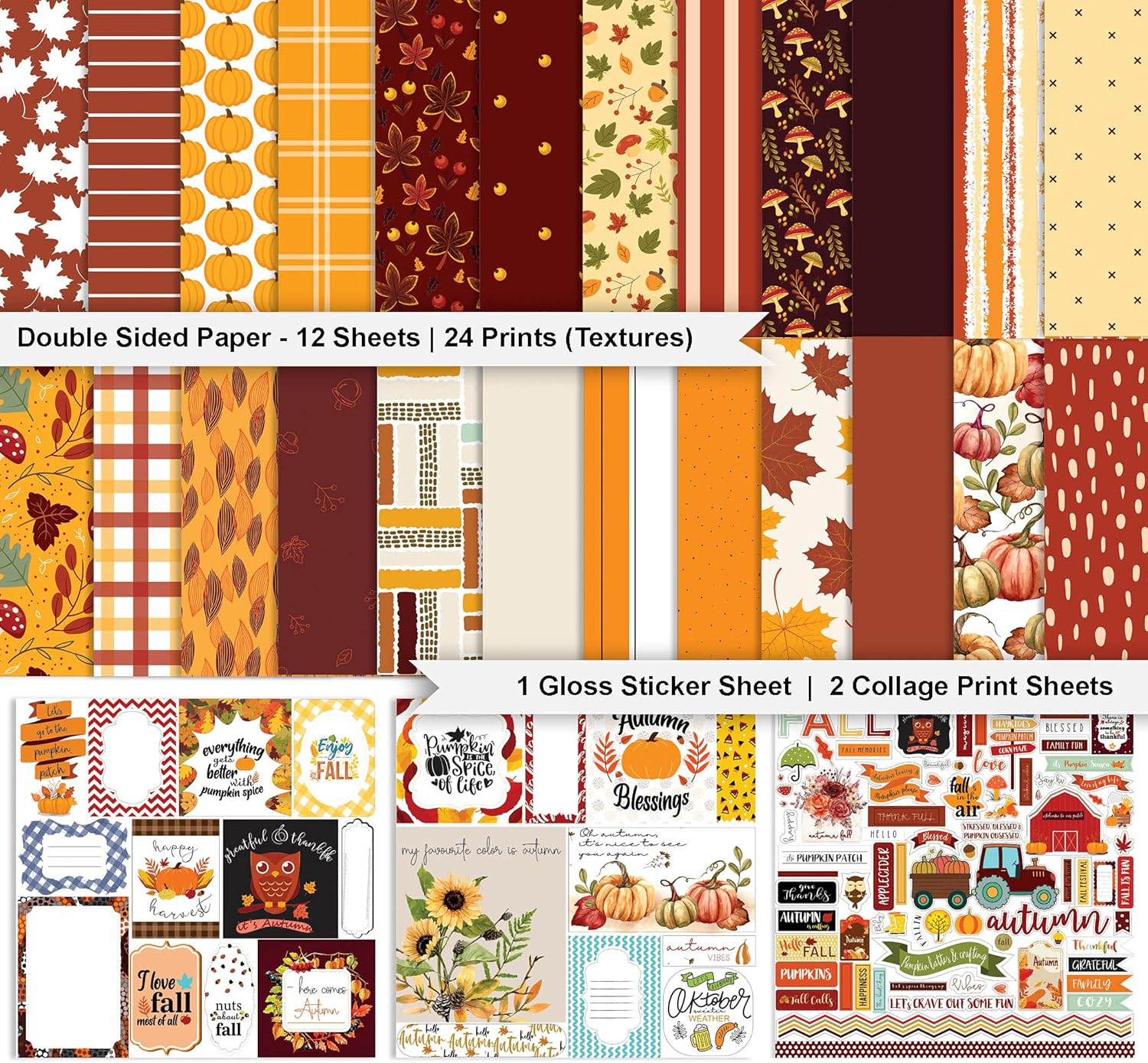 Inkdotpot Autumn Fall Theme Collection Double-Sided Scrapbook Paper Kit Cardstock 12"x12" Card Making Paper Pack with Sticker Sheet - 16 Pages - Orange